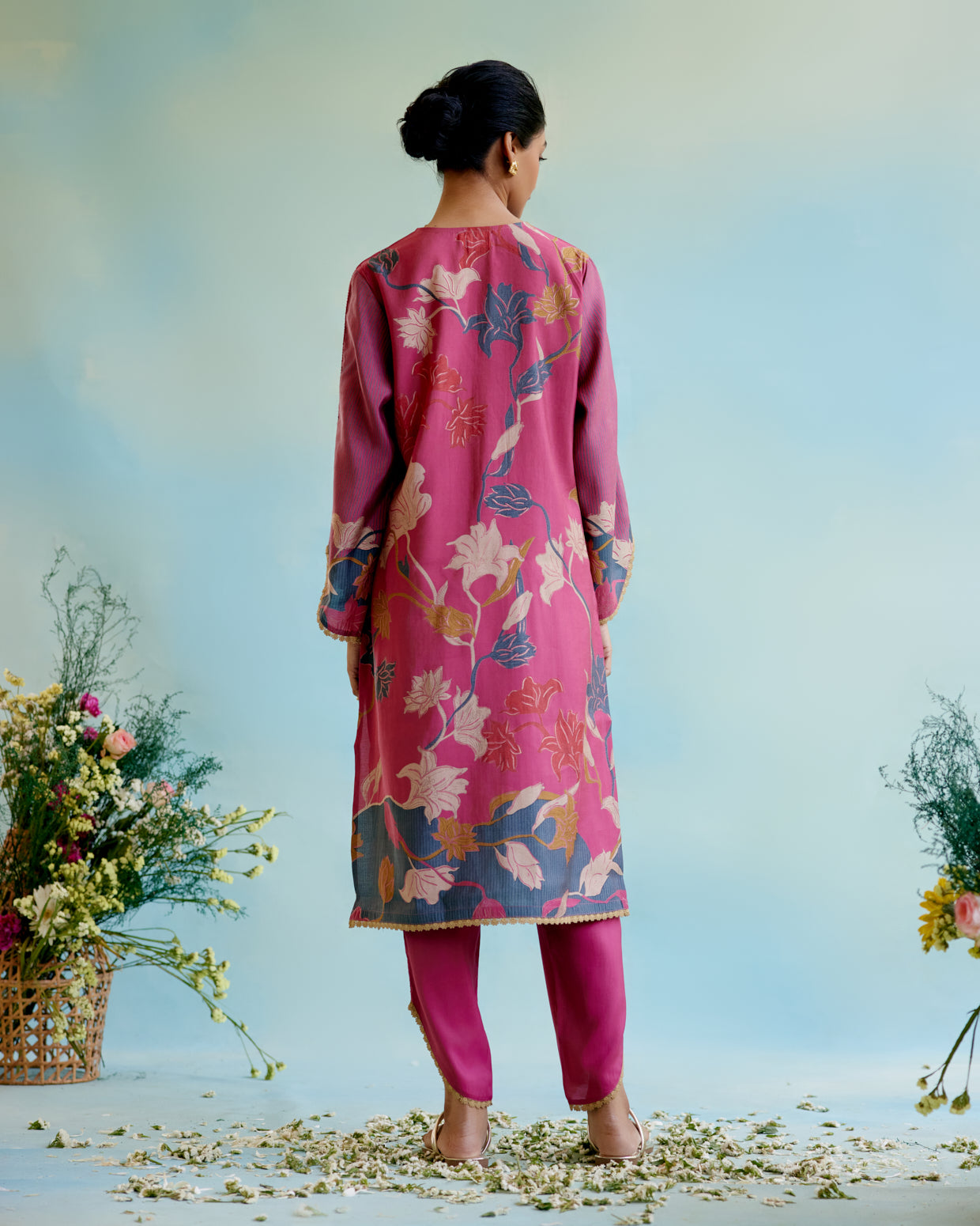 Orchid Pink Printer Kurta with delicate lace detailing with Tulip Pants and Dupatta