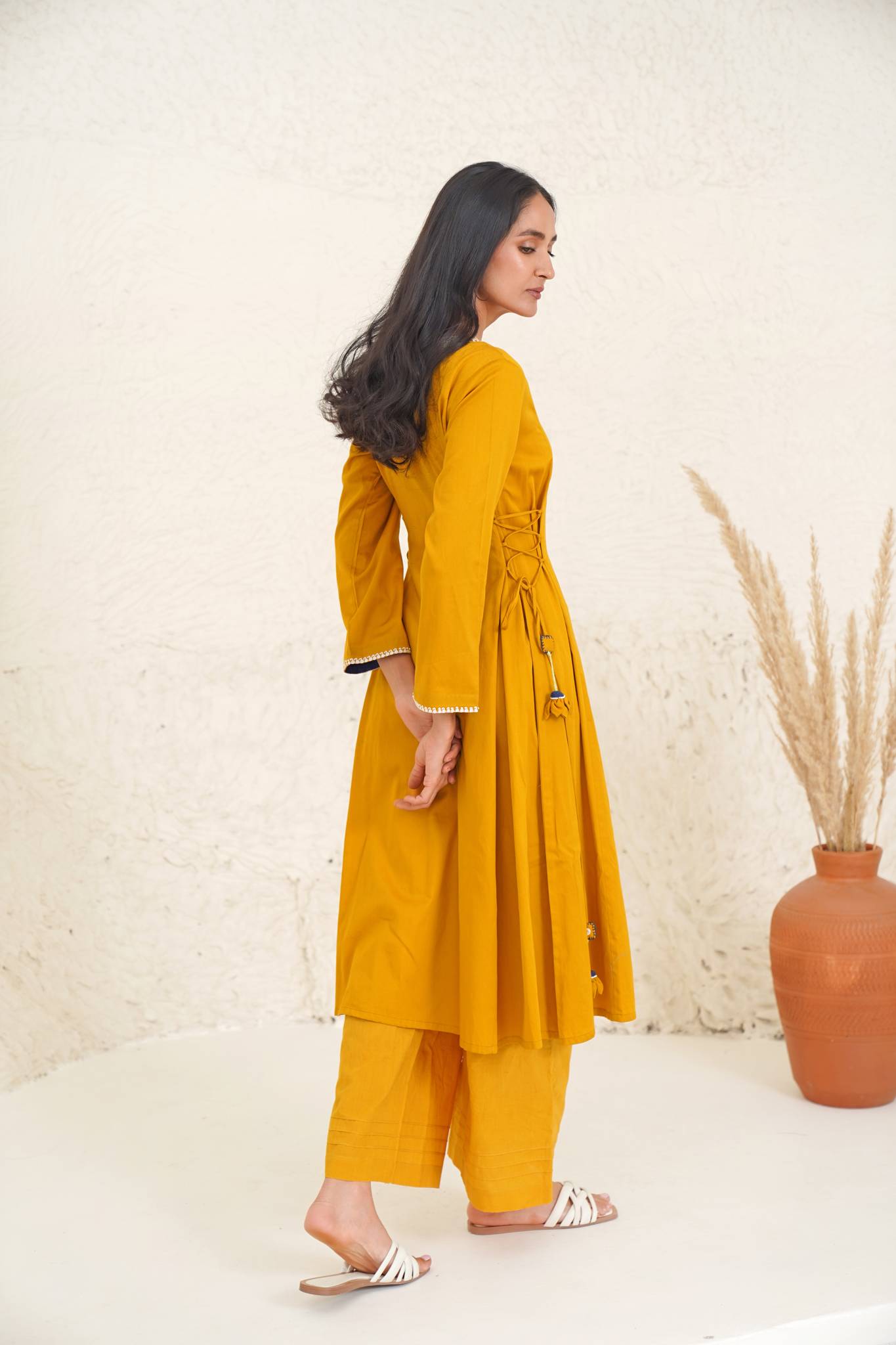 Gold Cashmere Kurta with Wide Leg Pants & Dupatta - Set of 3