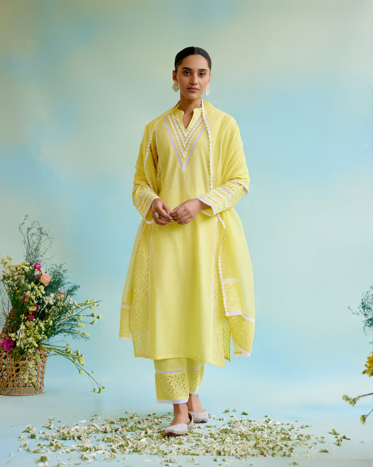 Daylily Kurta in Cotton Dobby and Schiffli fabric with Delicate Lace Detaling with Narrow Pants