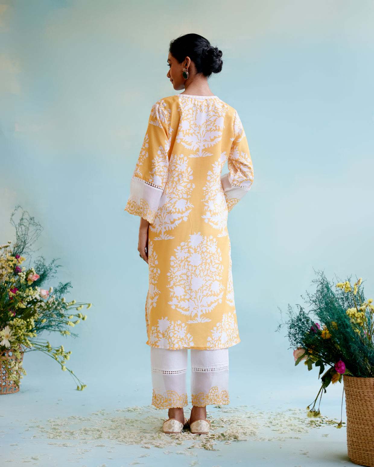 Daisy Yellow Cotton Linen Kurta with Lace Detailing and Embroidered Sleeves