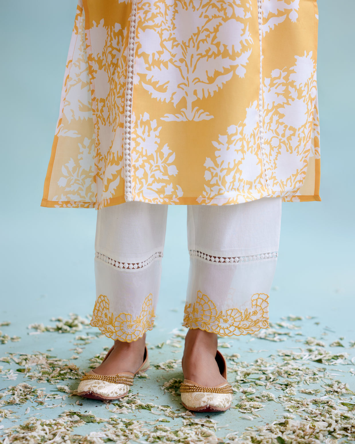 Daisy Yellow Cotton Linen Kurta with Lace Detailing and Embroidered Sleeves