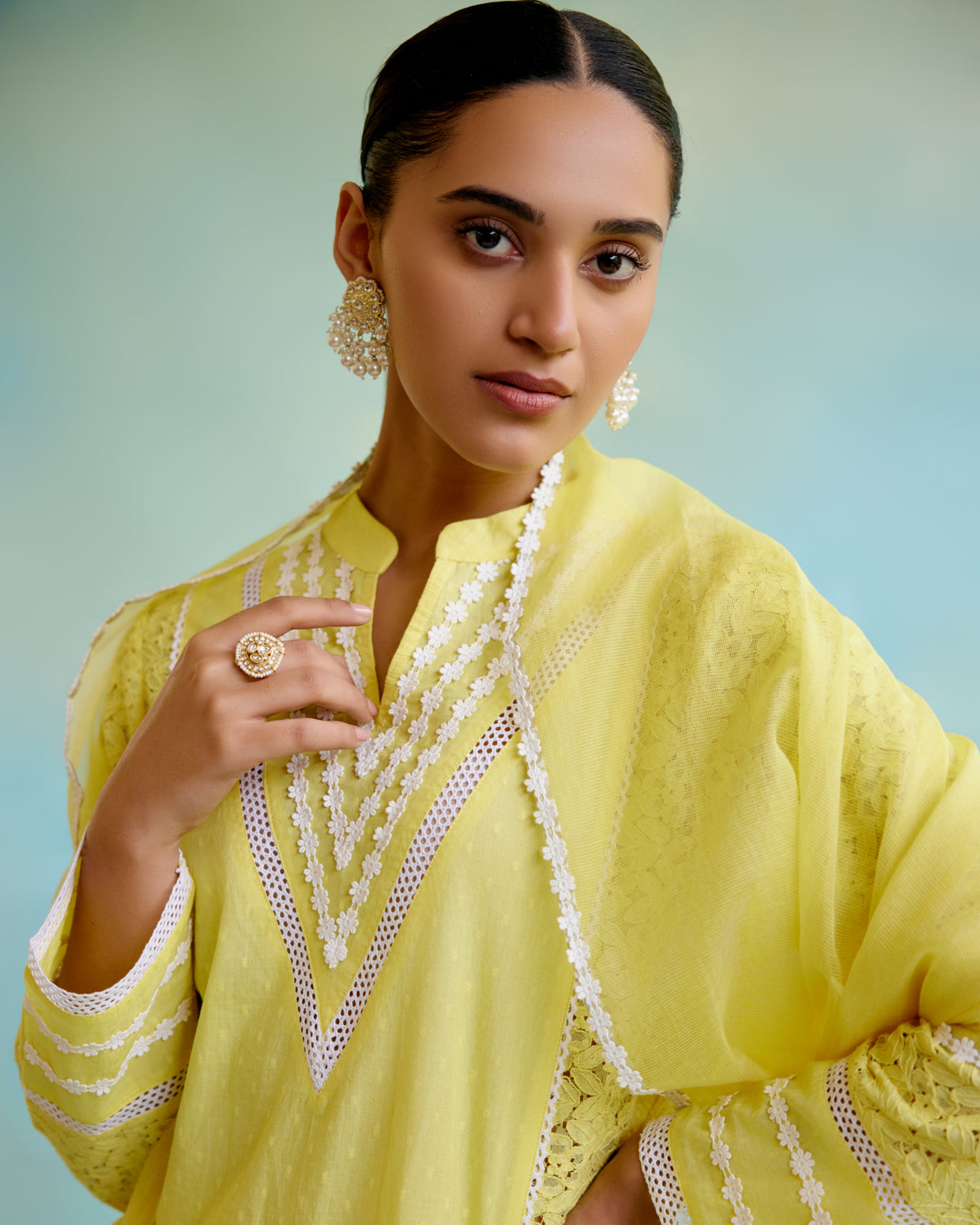 Daylily Kurta in Cotton Dobby and Schiffli fabric with Delicate Lace Detaling with Narrow Pants