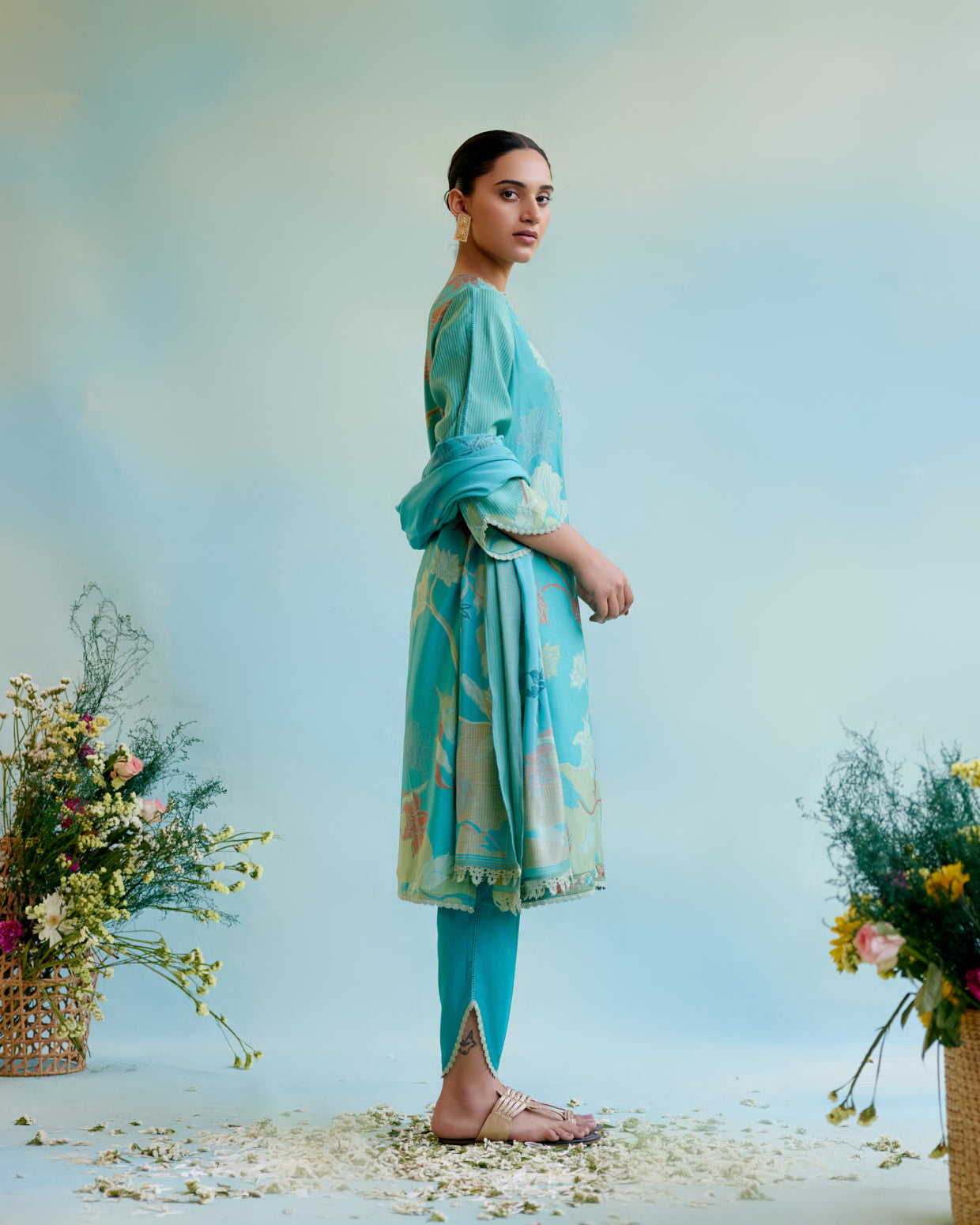 Peacock Blue Printer Kurta with delicate lace detailing with Tulip Pants and Dupatta