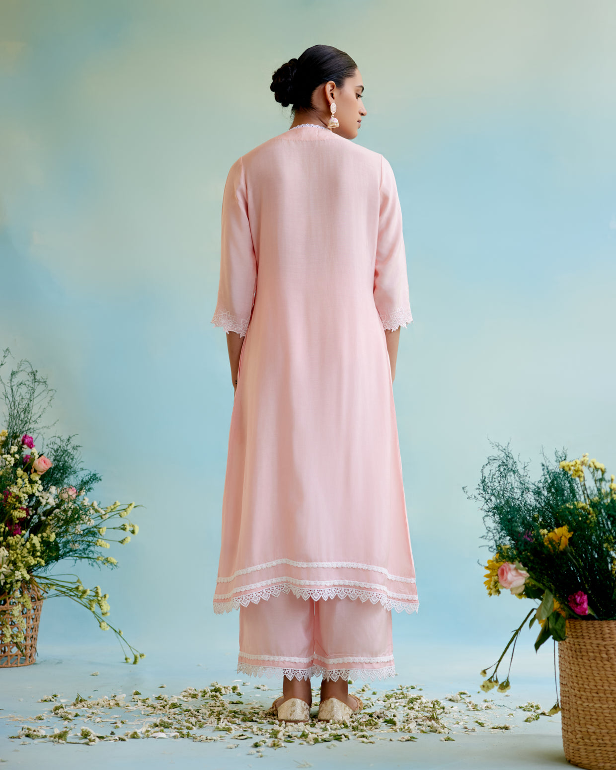 Blossom Pearl Kurta in Silky Modal with Beaded Smocking and Delicate Lace Detaling