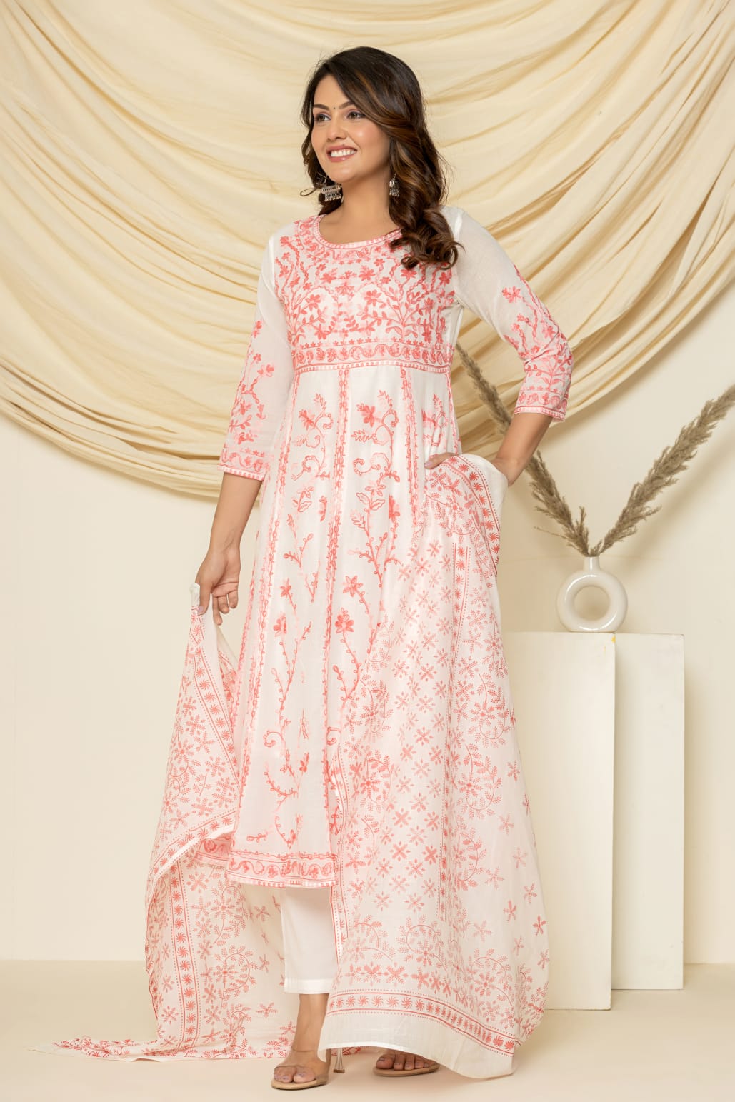 Peach -aari embroidered suit set with pant and dupatta