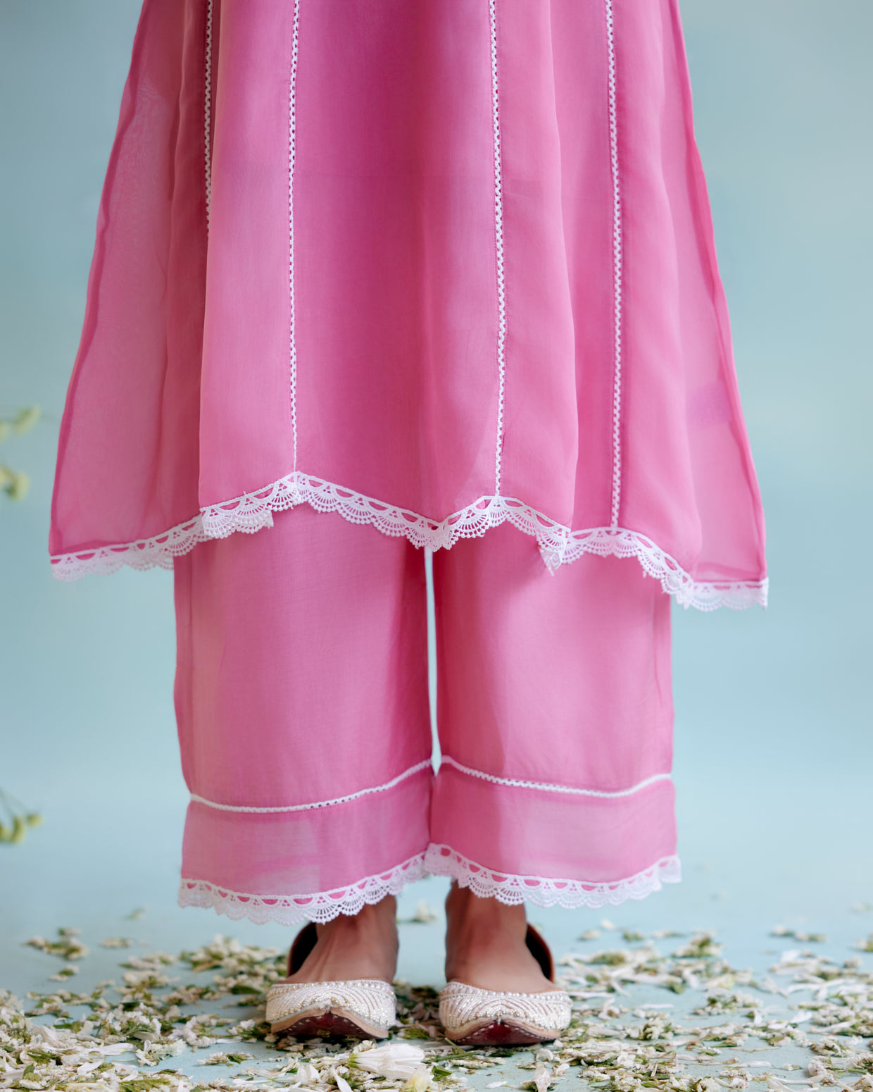 Blush Pink Organza Anarkali Kurta with Lace Detailing and Floral Embroidery