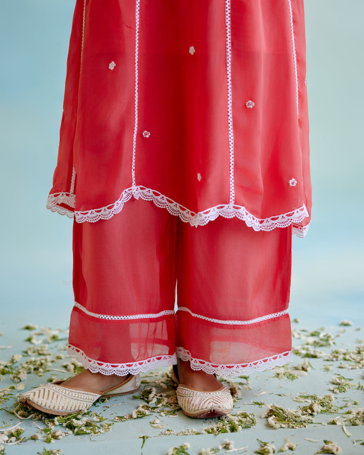 Coral Rose Organza Anarkali Kurta with Lace Detailing and Floral Embroidery