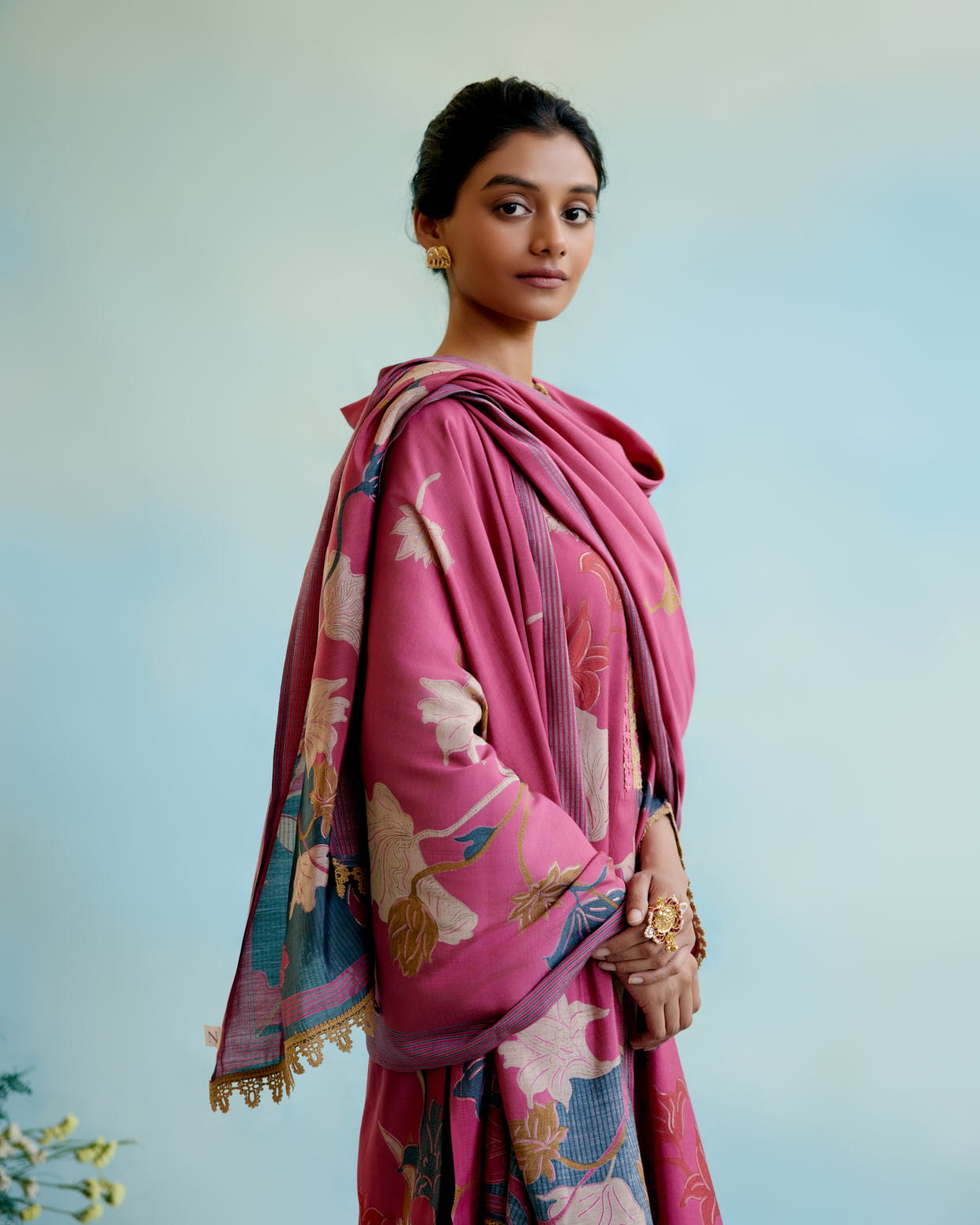 Orchid Pink Printer Kurta with delicate lace detailing with Tulip Pants and Dupatta