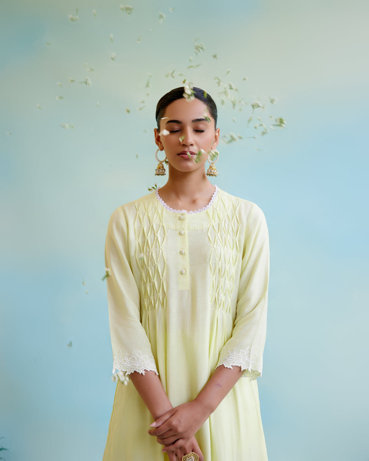 Sunny Lime Pearl Kurta in Silky Modal with Delicate Lace Detaling