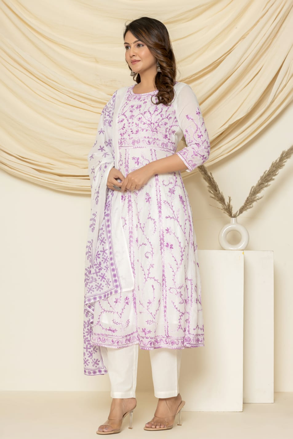 Neel-aari  embroidered suit set with pant and dupatta