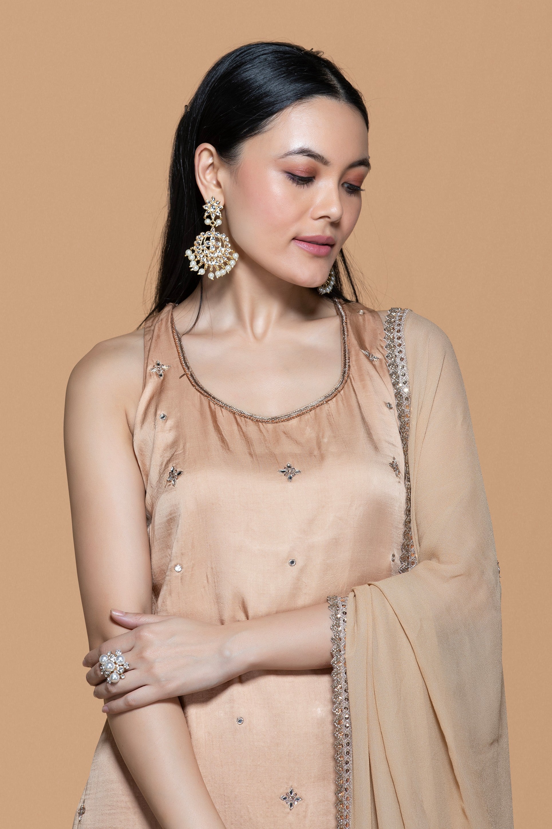 Fawn Kurta Set With Exquisite Embroidery