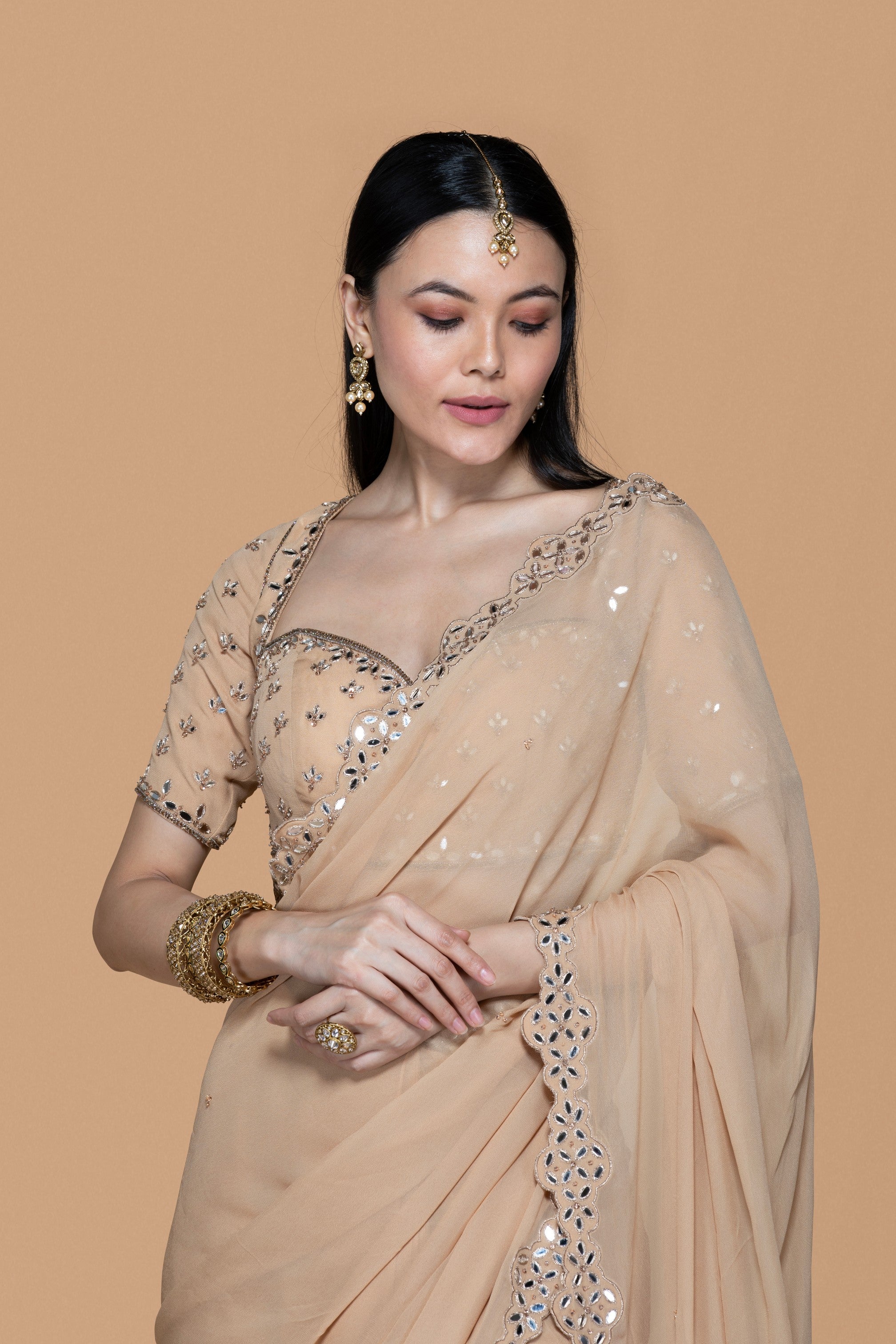 Fawn Mirror Work Pre Drape Saree With Blouse