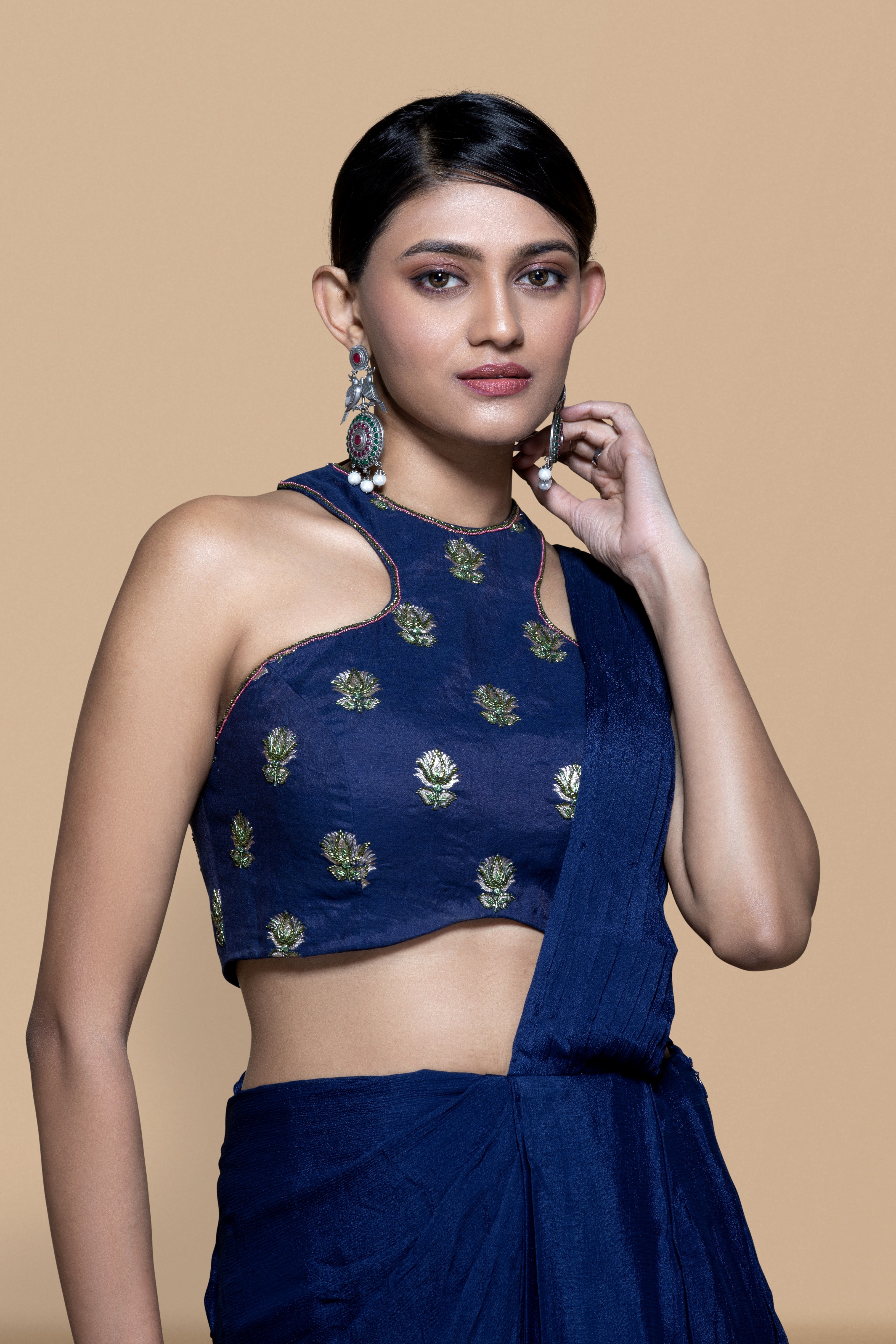 Blue Embroidered Brocade Saree