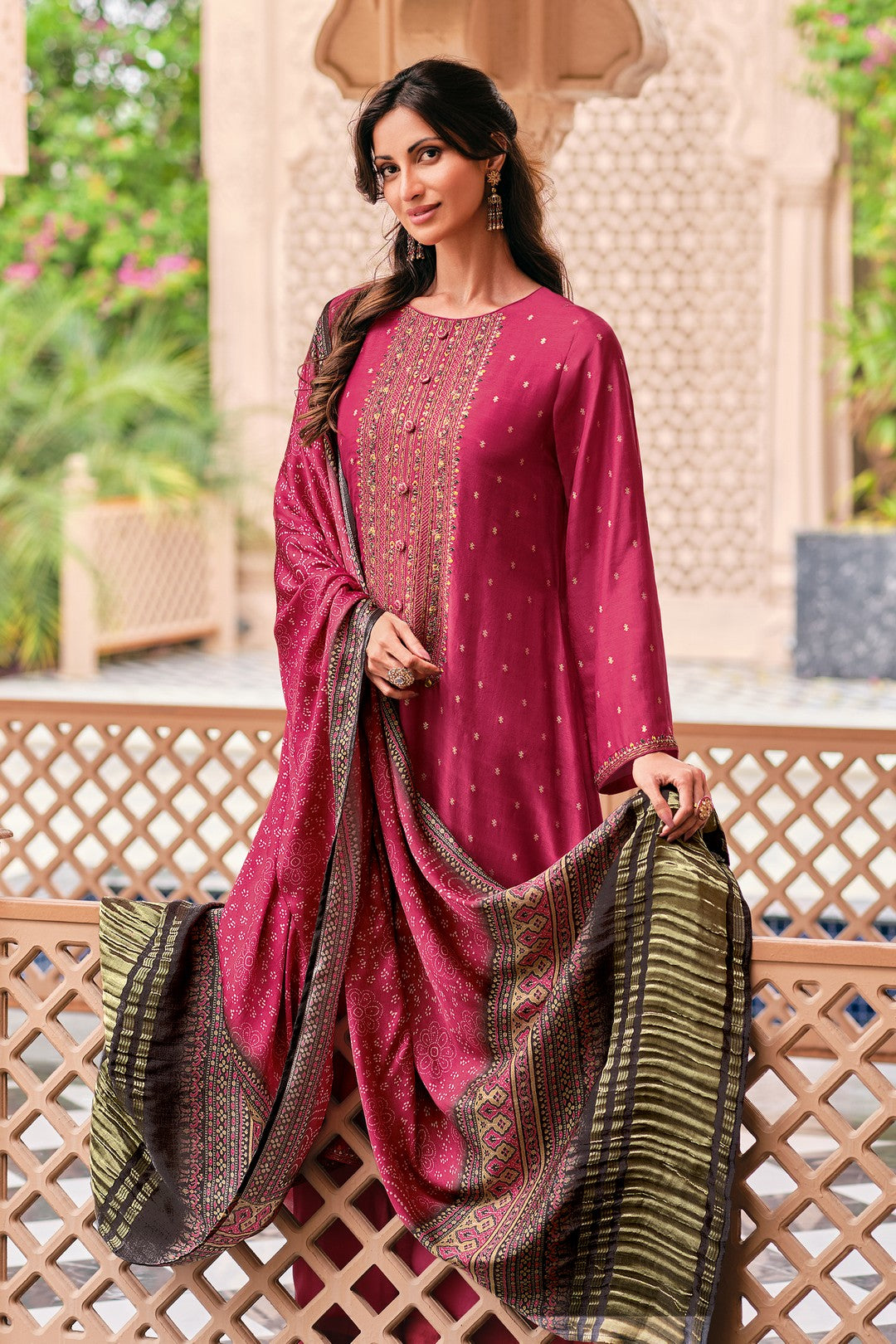 Rouge red kurta set with ajrakh dupatta