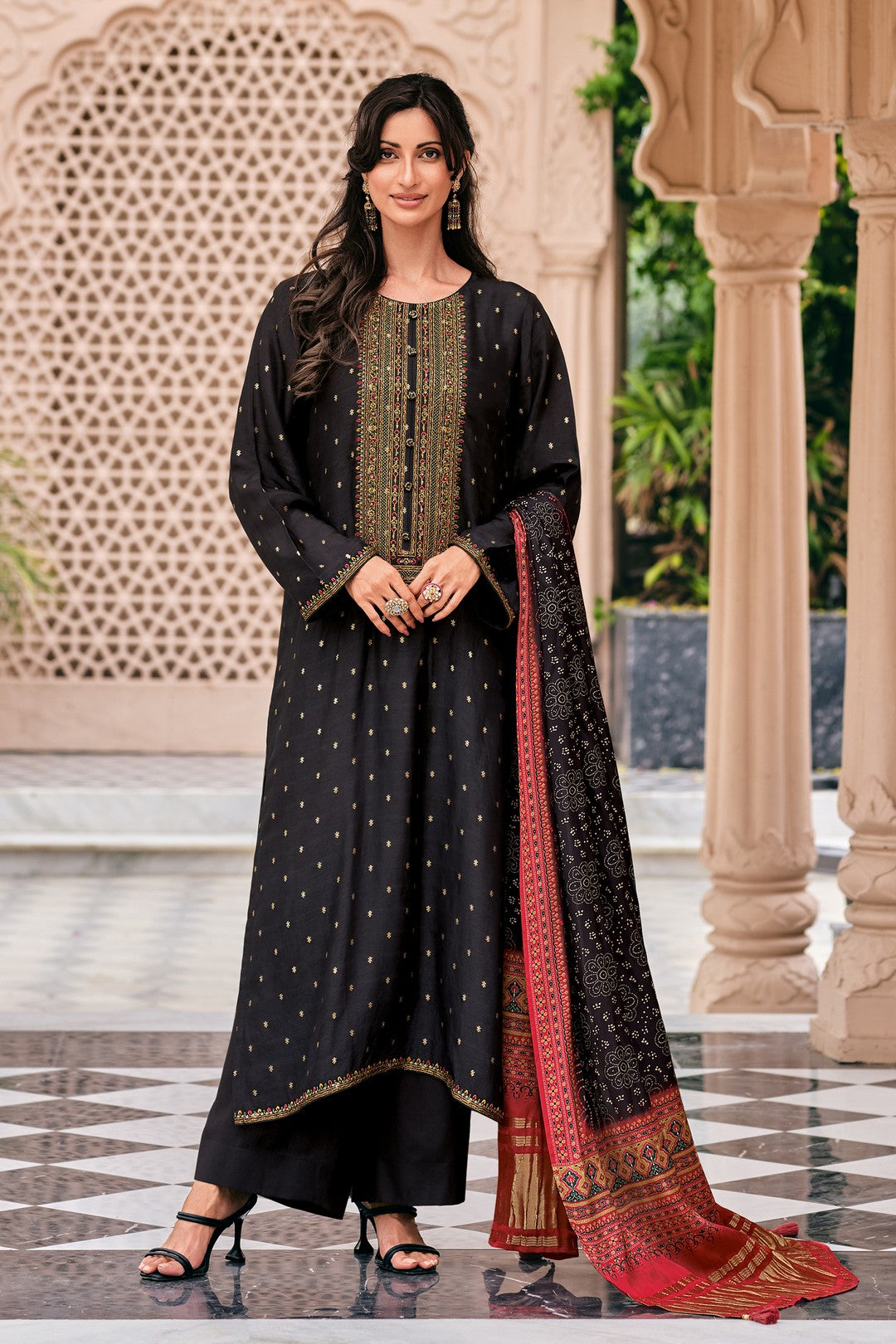 Black kurta set with ajrakh dupatta