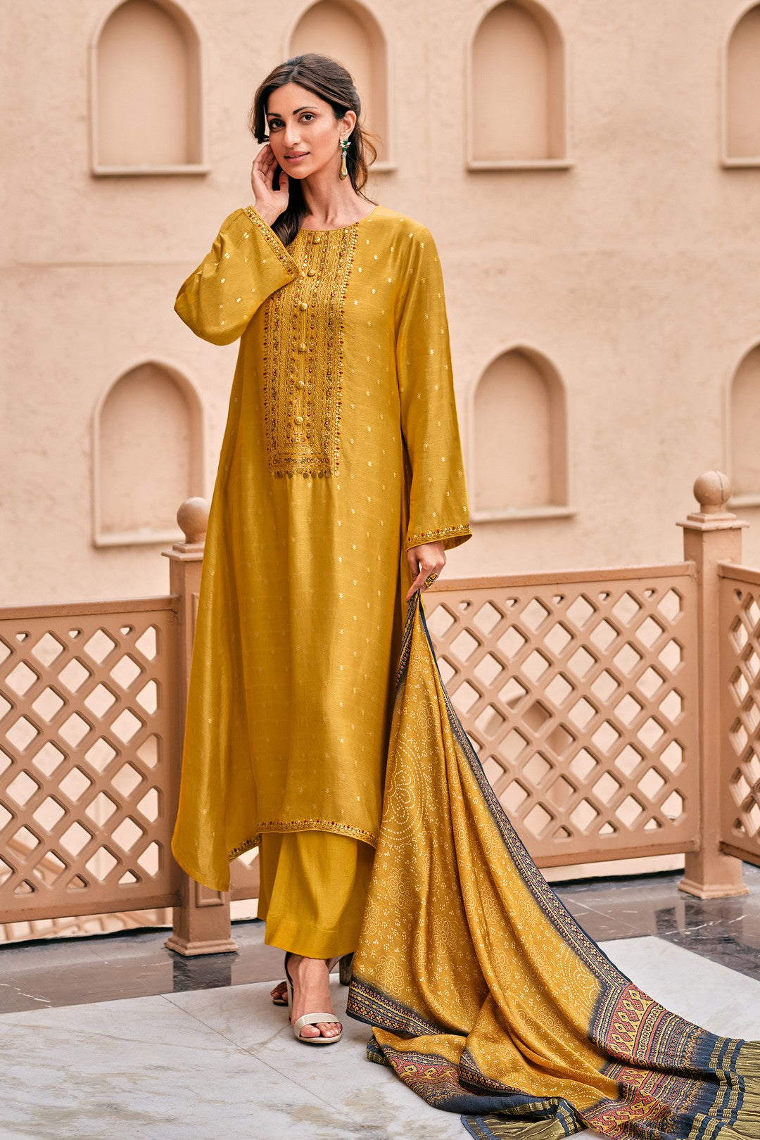 Mustard kurta set with ajrakh dupatta