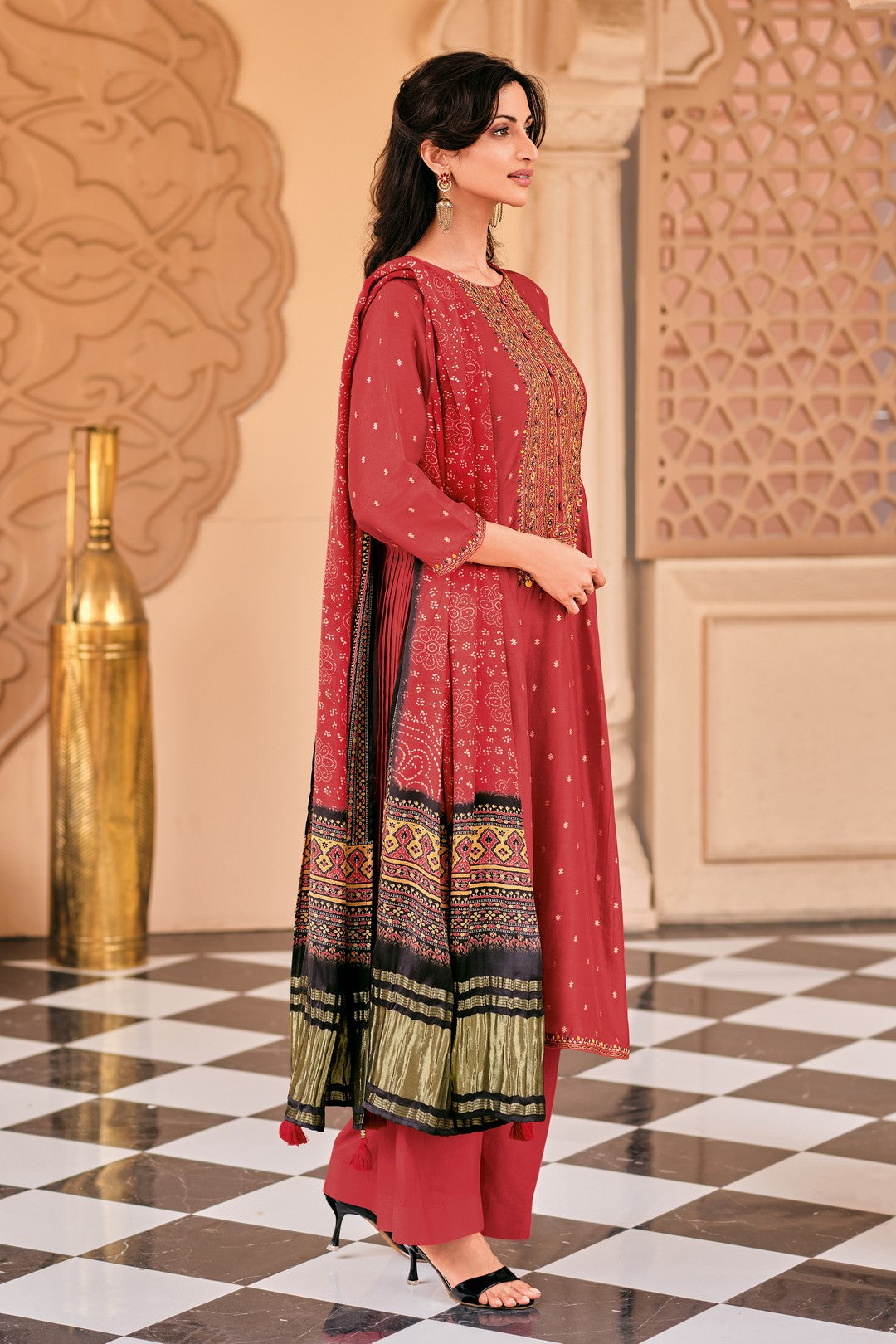 Persian red kurta set with ajrakh dupatta