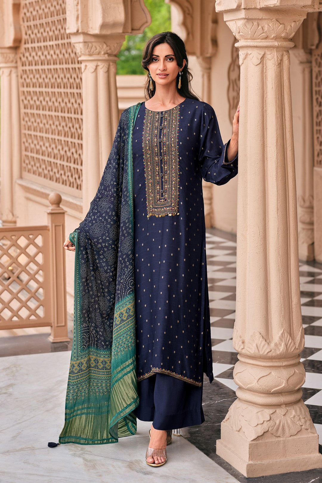 Navy blue kurta set with ajrakh dupatta