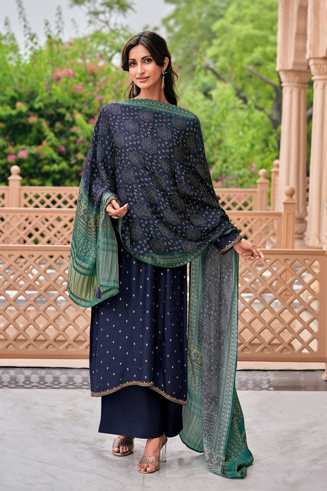 Navy blue kurta set with ajrakh dupatta