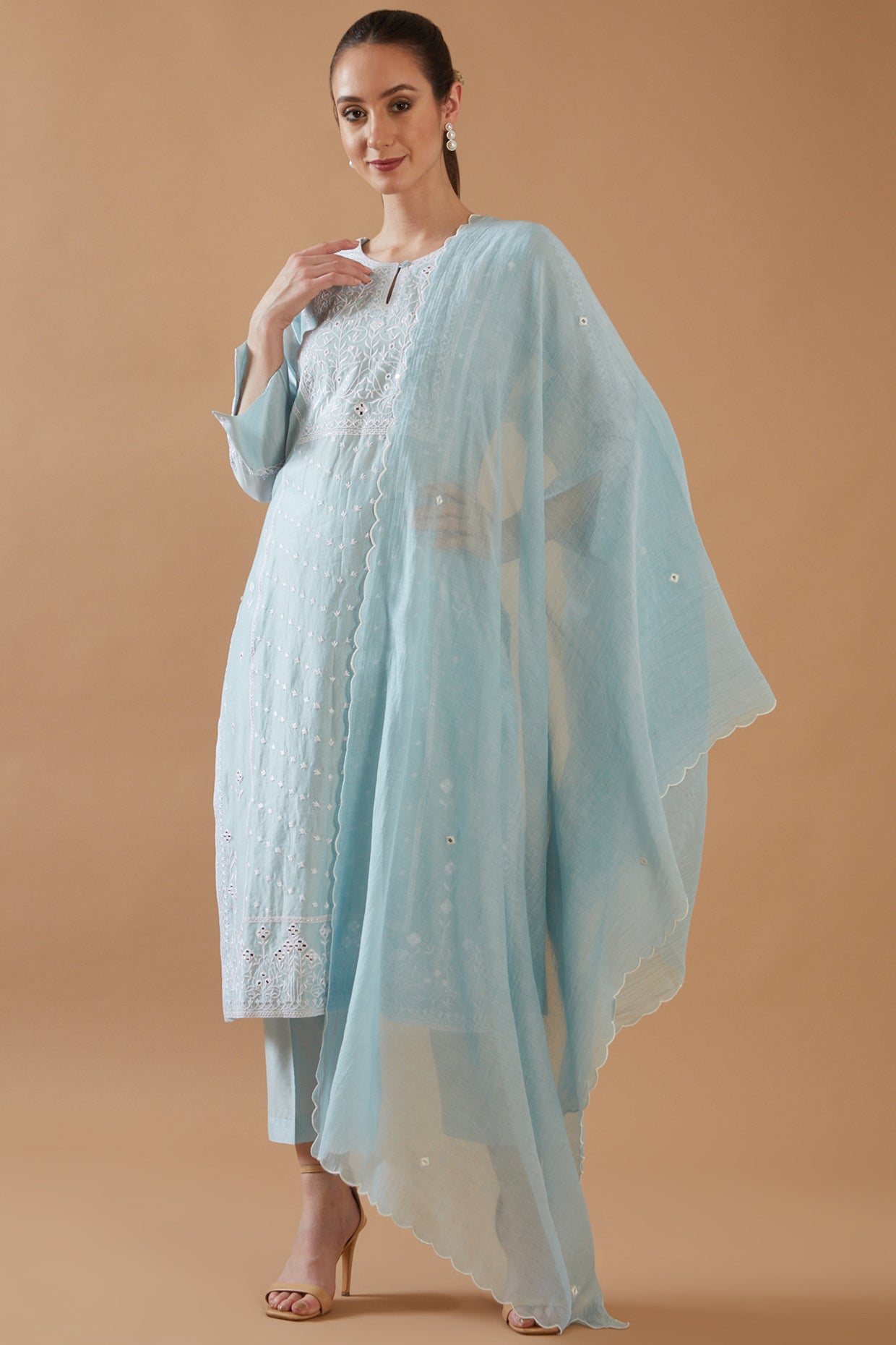 SKY BLUE MIRROR WORK WITH CHAWAL TAKA  KURTA SET