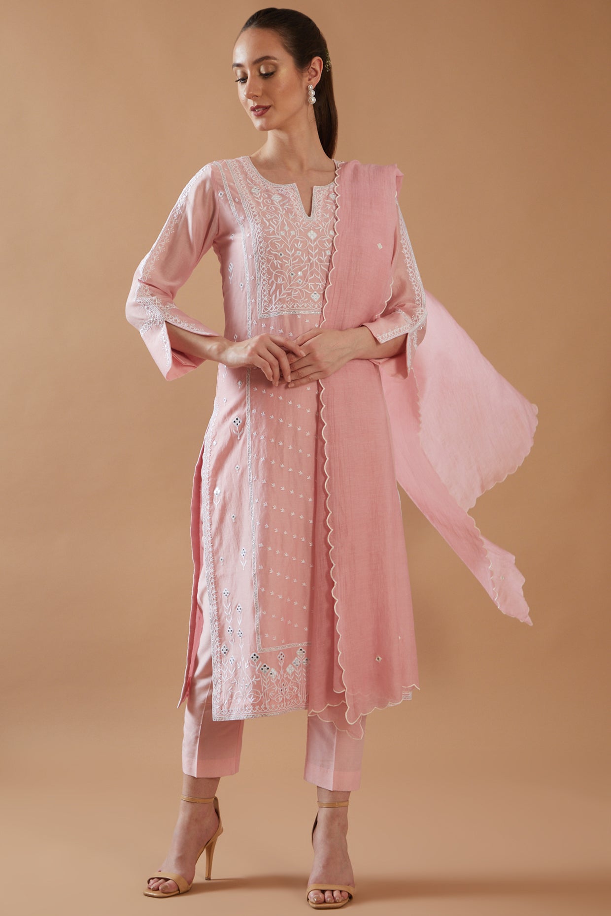 ROSE PINK MIRROR WORK WITH CHAWAL TAKA KURTA SET