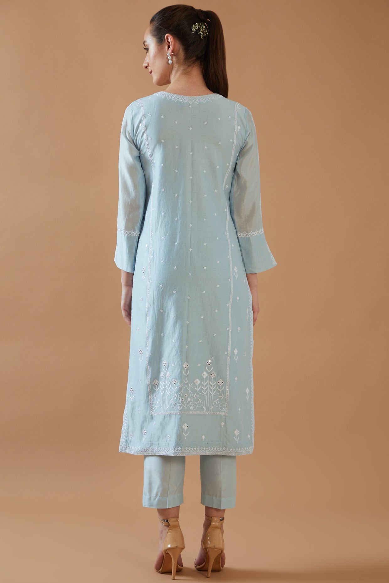 SKY BLUE MIRROR WORK WITH CHAWAL TAKA  KURTA SET