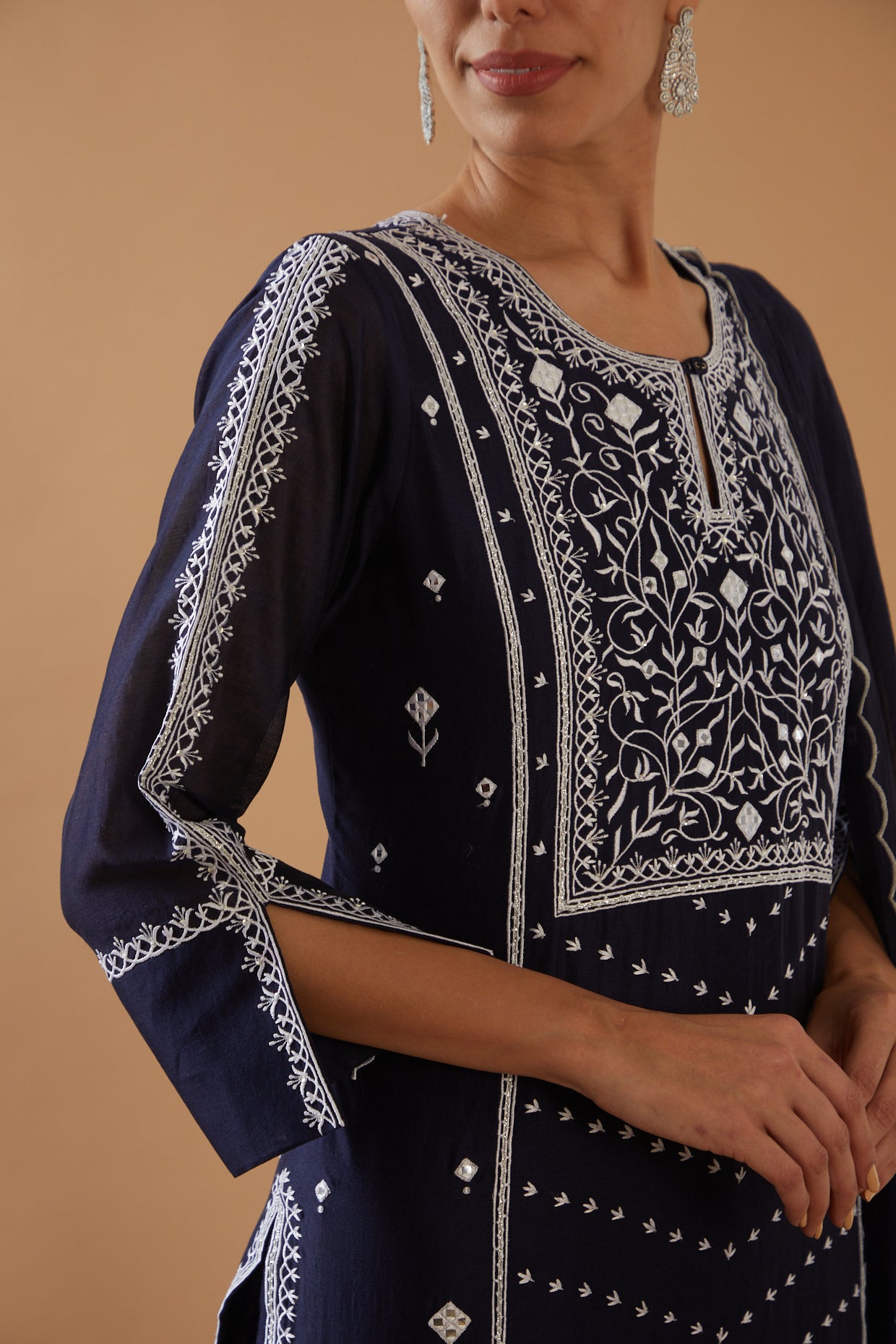 NAVY BLUE MIRROR WORK WITH CHAWAL TAKA KURTA SET