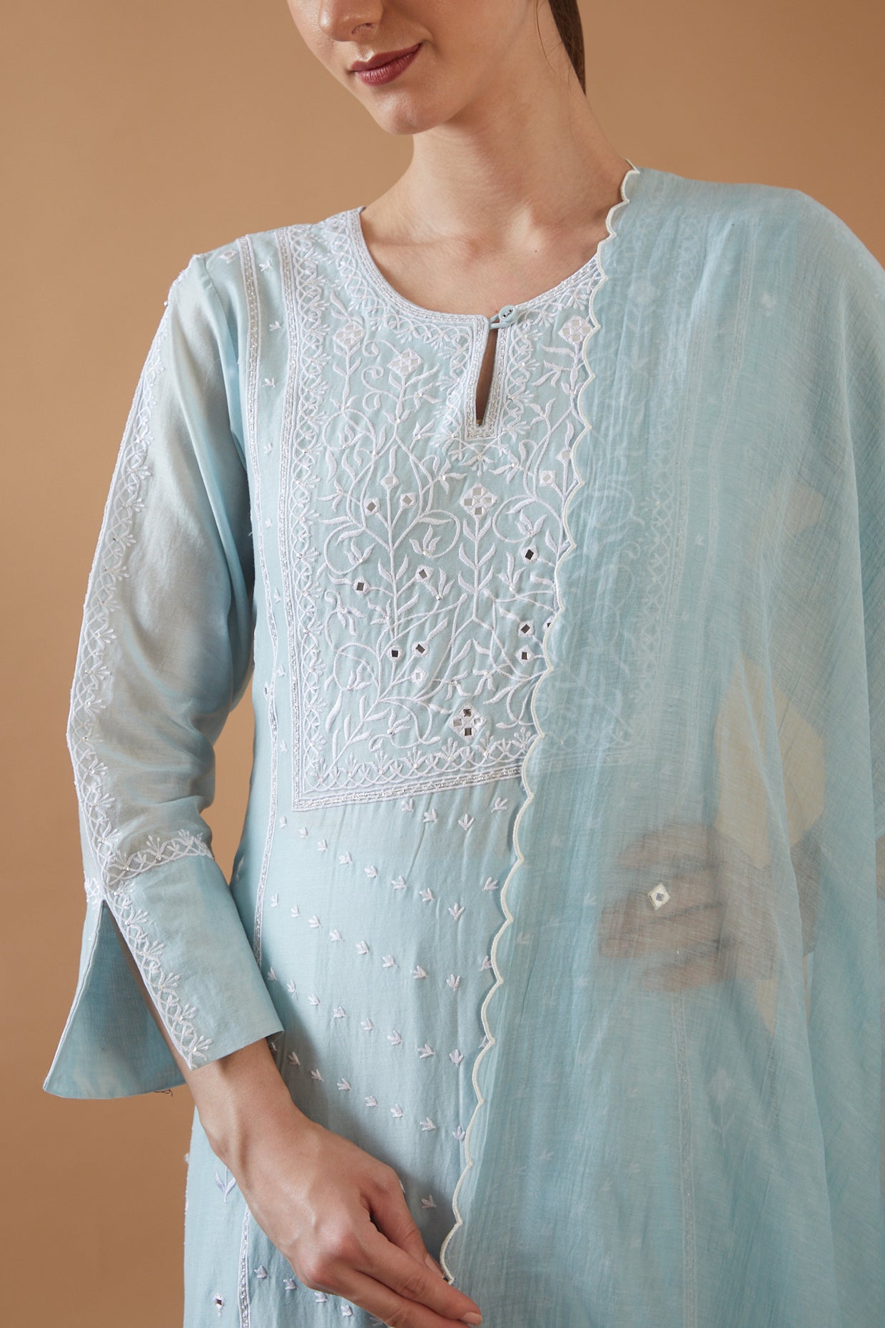 SKY BLUE MIRROR WORK WITH CHAWAL TAKA  KURTA SET