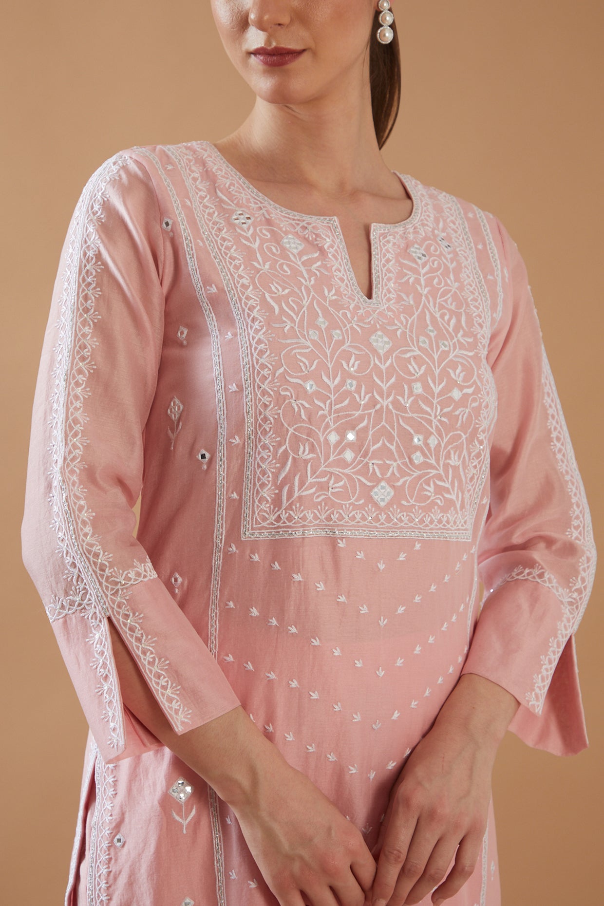 ROSE PINK MIRROR WORK WITH CHAWAL TAKA KURTA SET