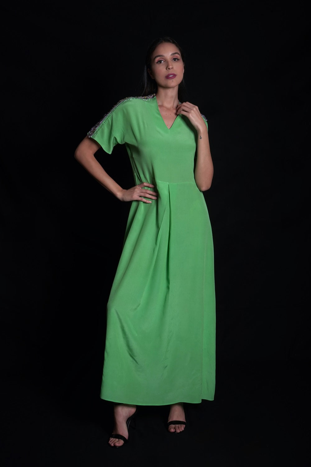 Absinthe Green Long Dress With Embroidery