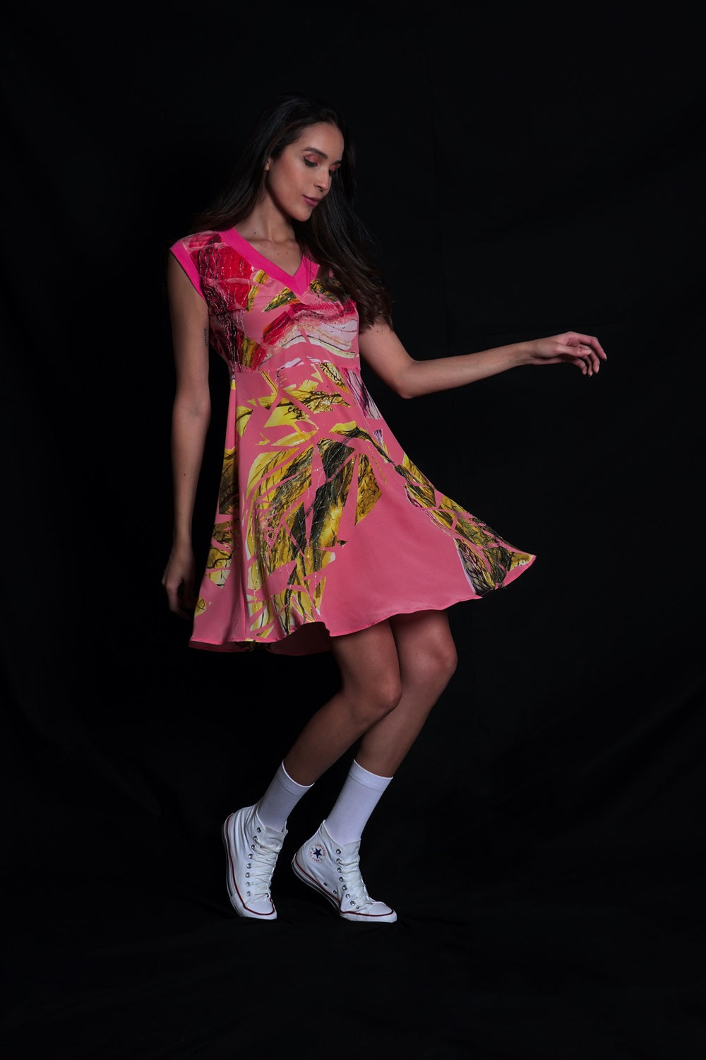 Tea Rose Dress With Broken Flower Print