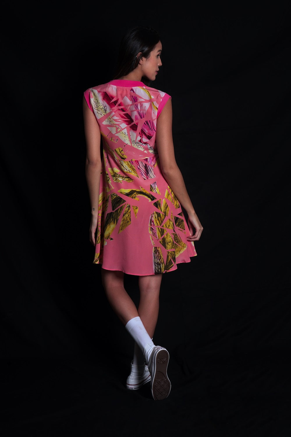 Tea Rose Dress With Broken Flower Print