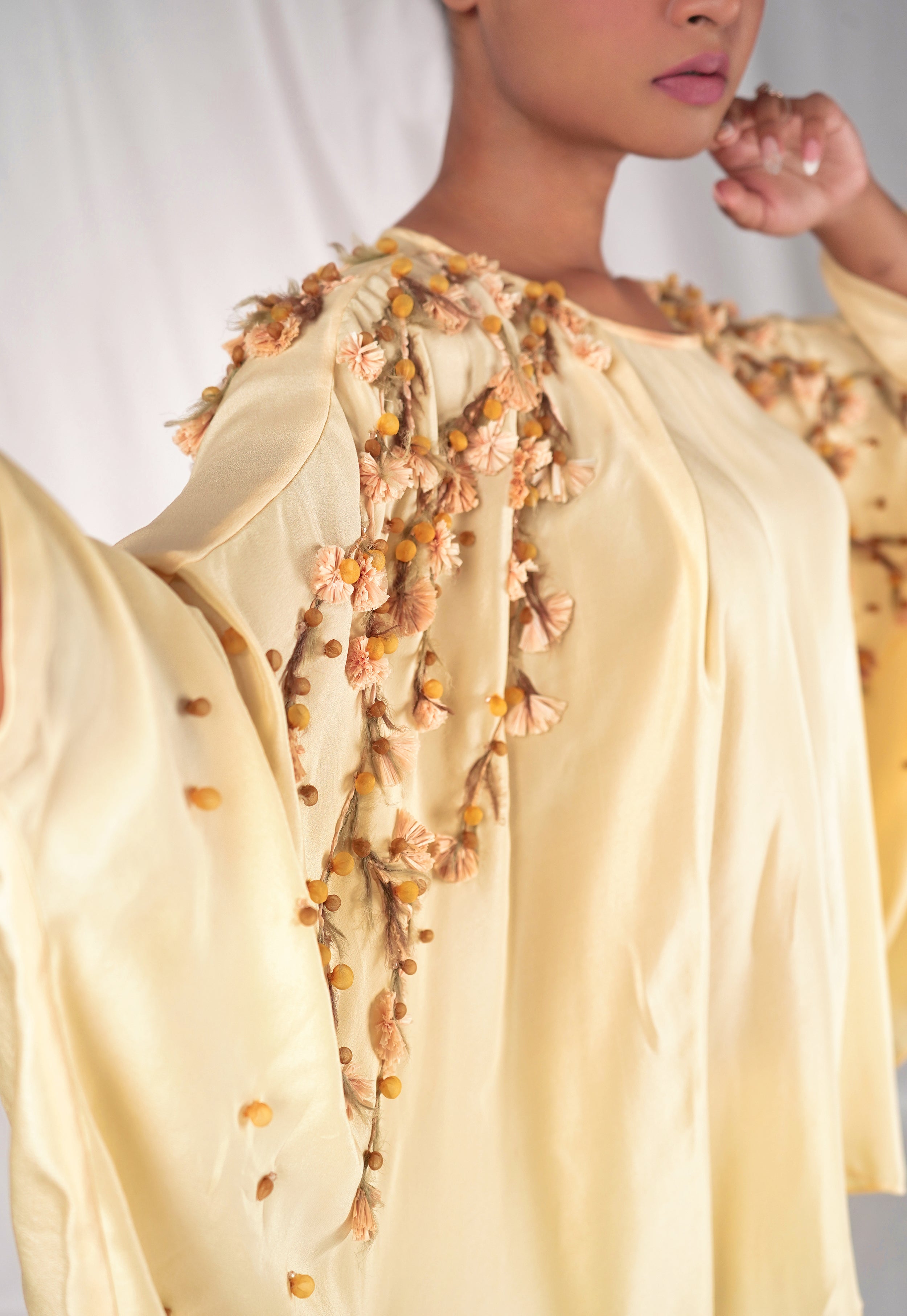 Yellow embroidered top with kimono sleeves