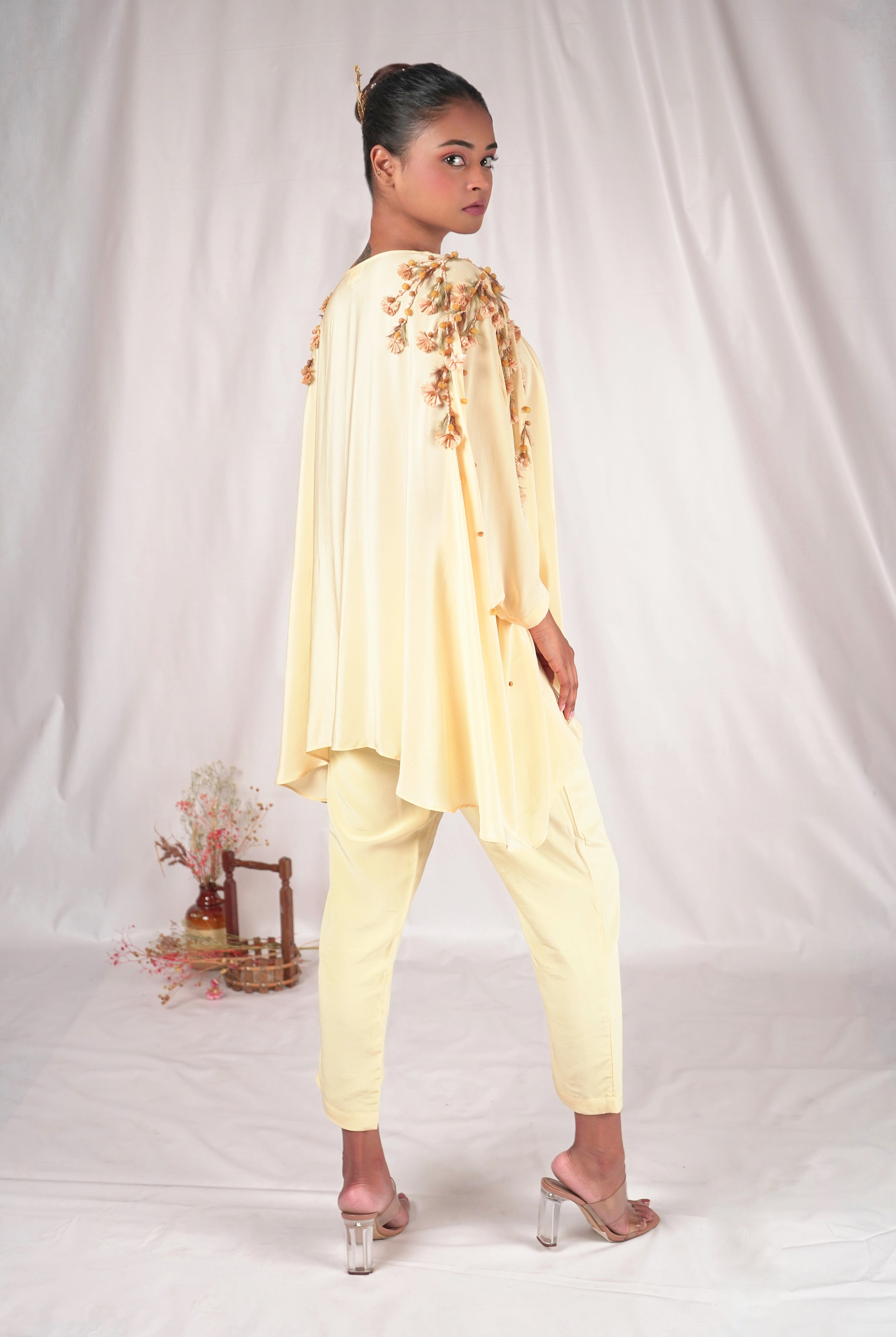 Yellow embroidered top with kimono sleeves