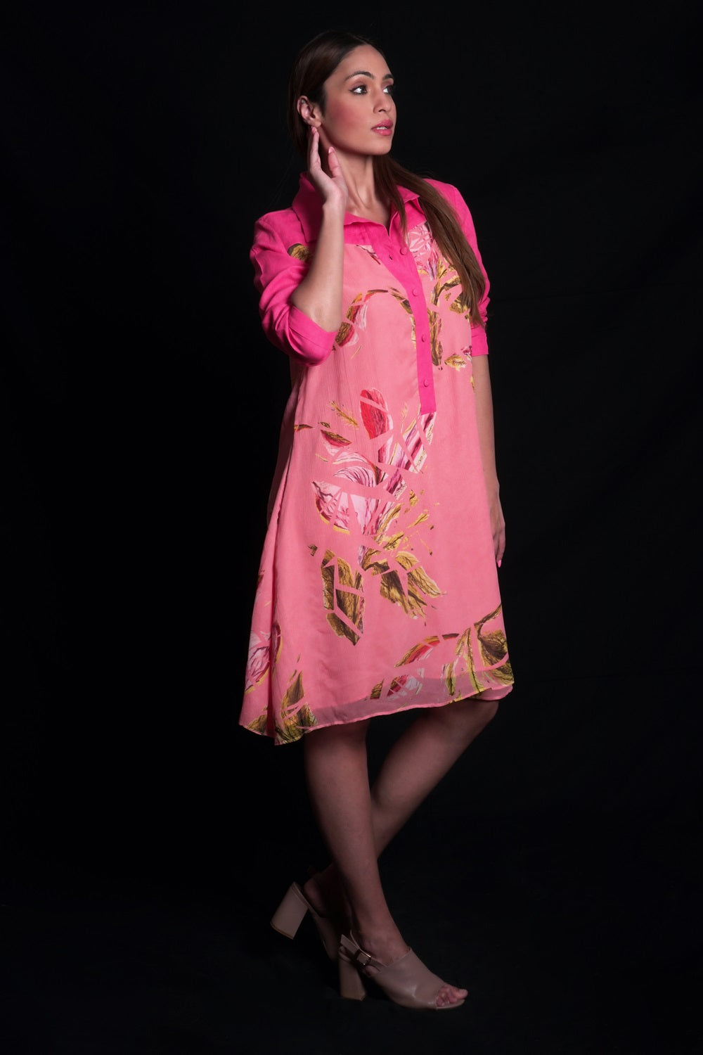 Tea Rose Broken Flower Printed Collared Dress