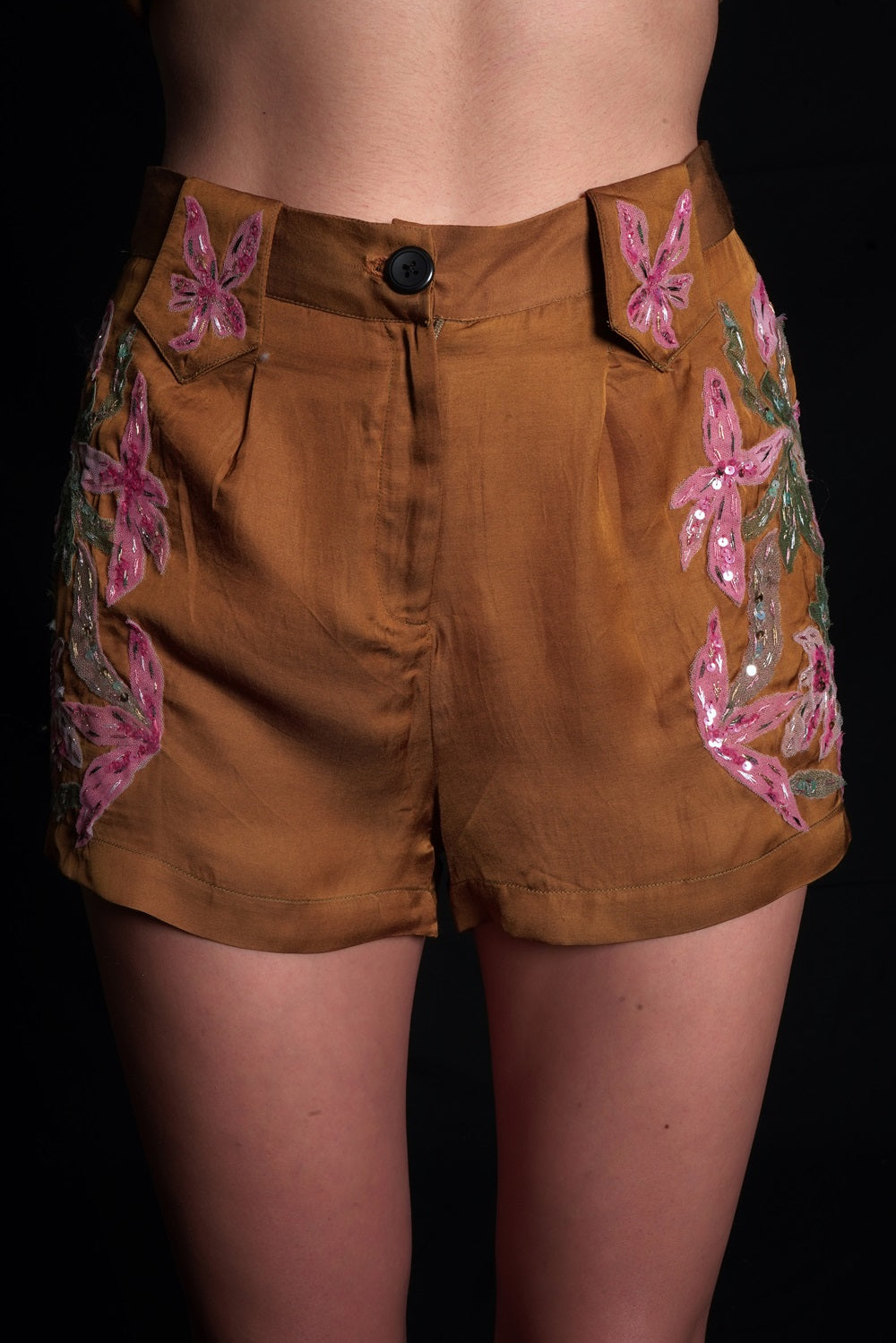 Golden Brown Shorts With Embroidery