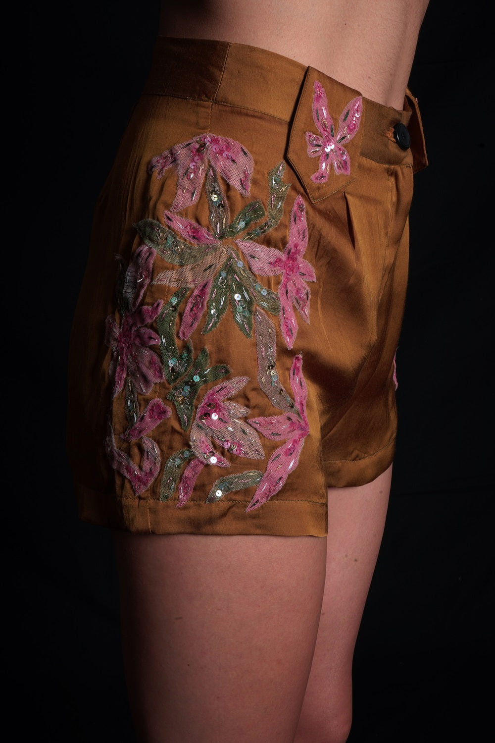 Golden Brown Shorts With Embroidery