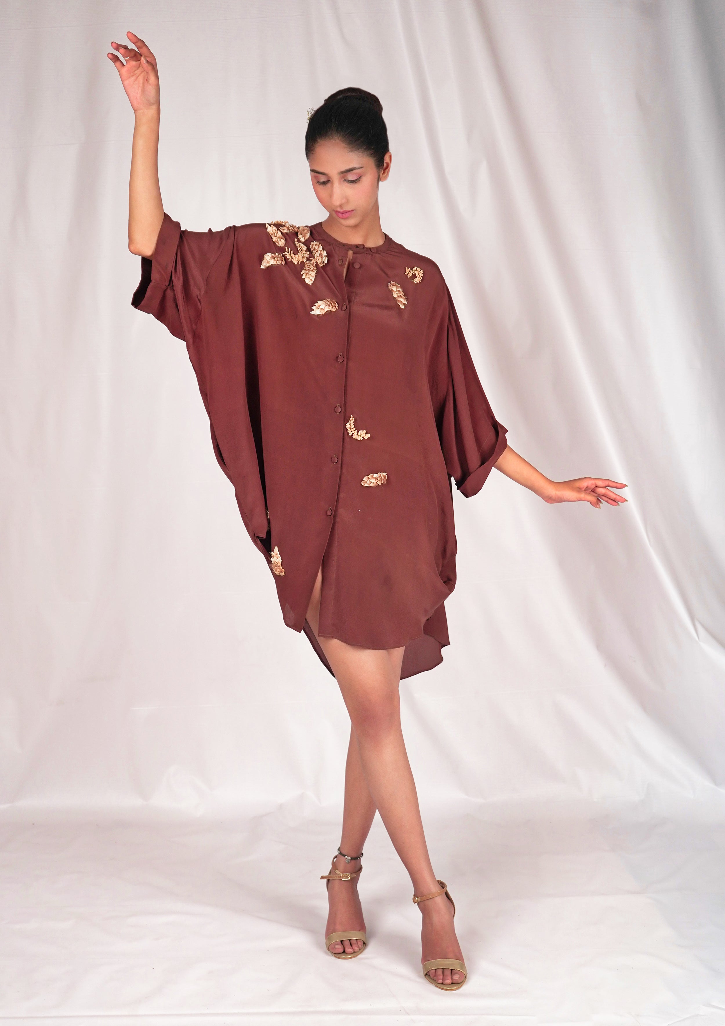 Brown flowy shirt dress with embroidery highlights