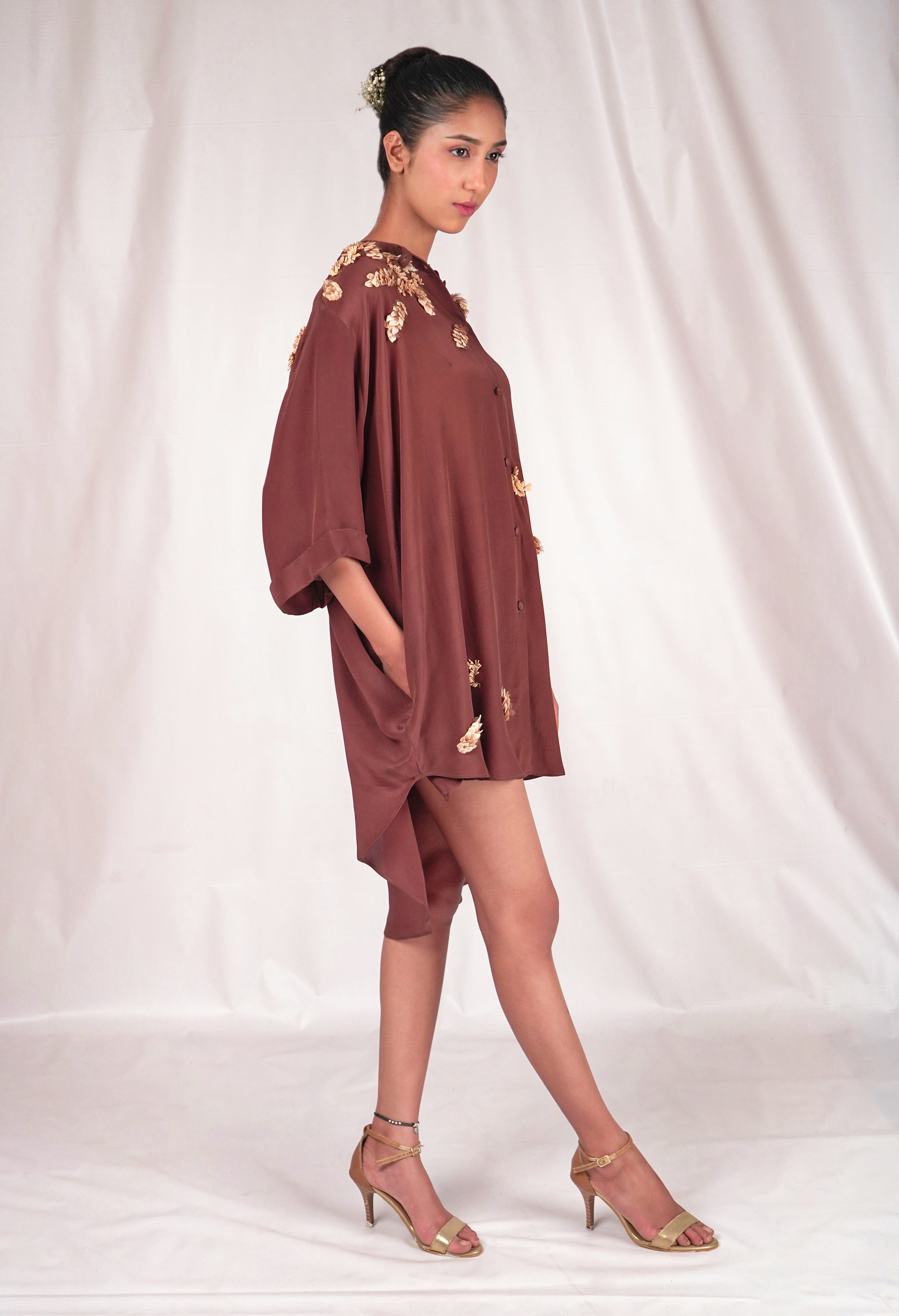 Brown flowy shirt dress with embroidery highlights