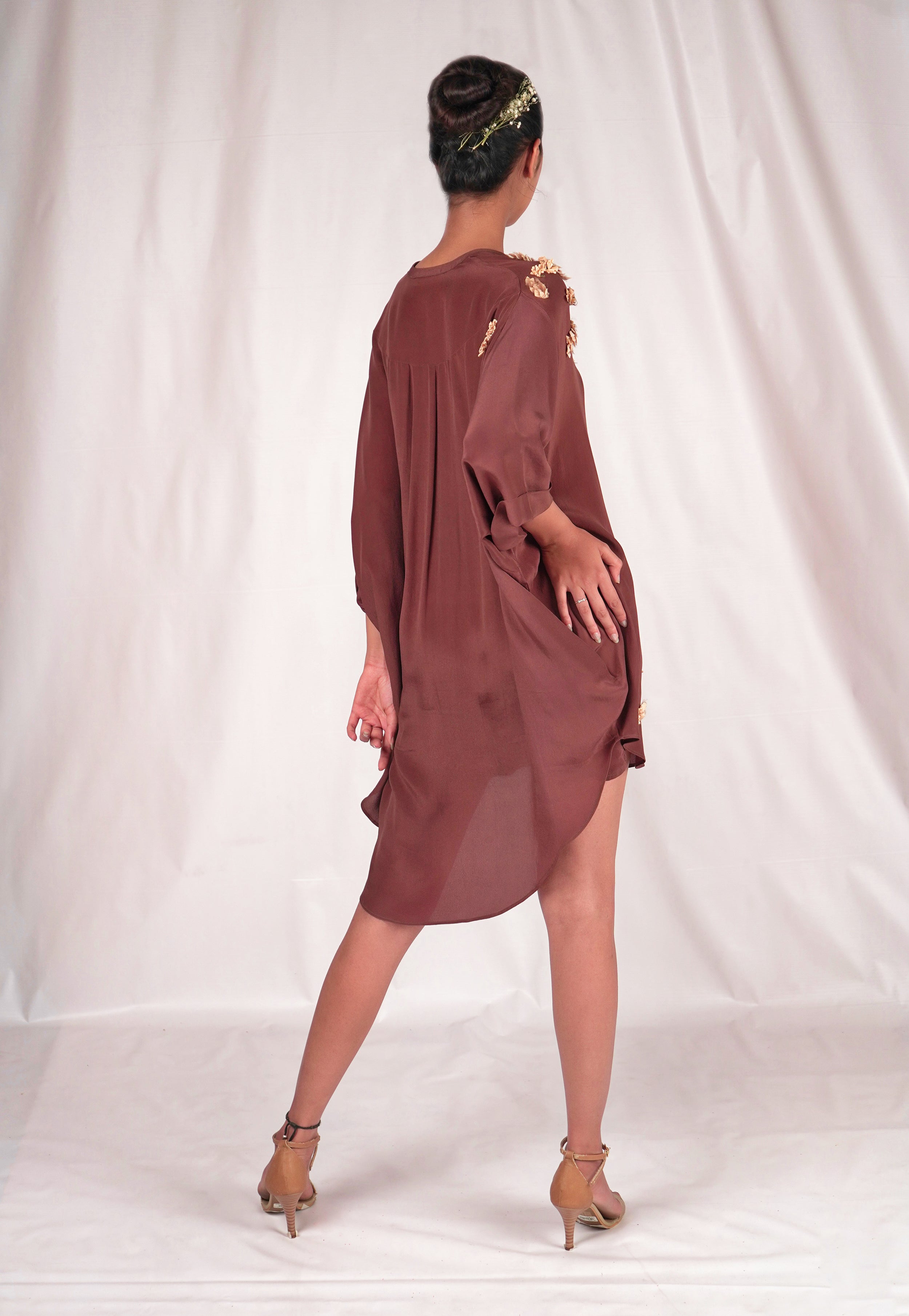 Brown flowy shirt dress with embroidery highlights