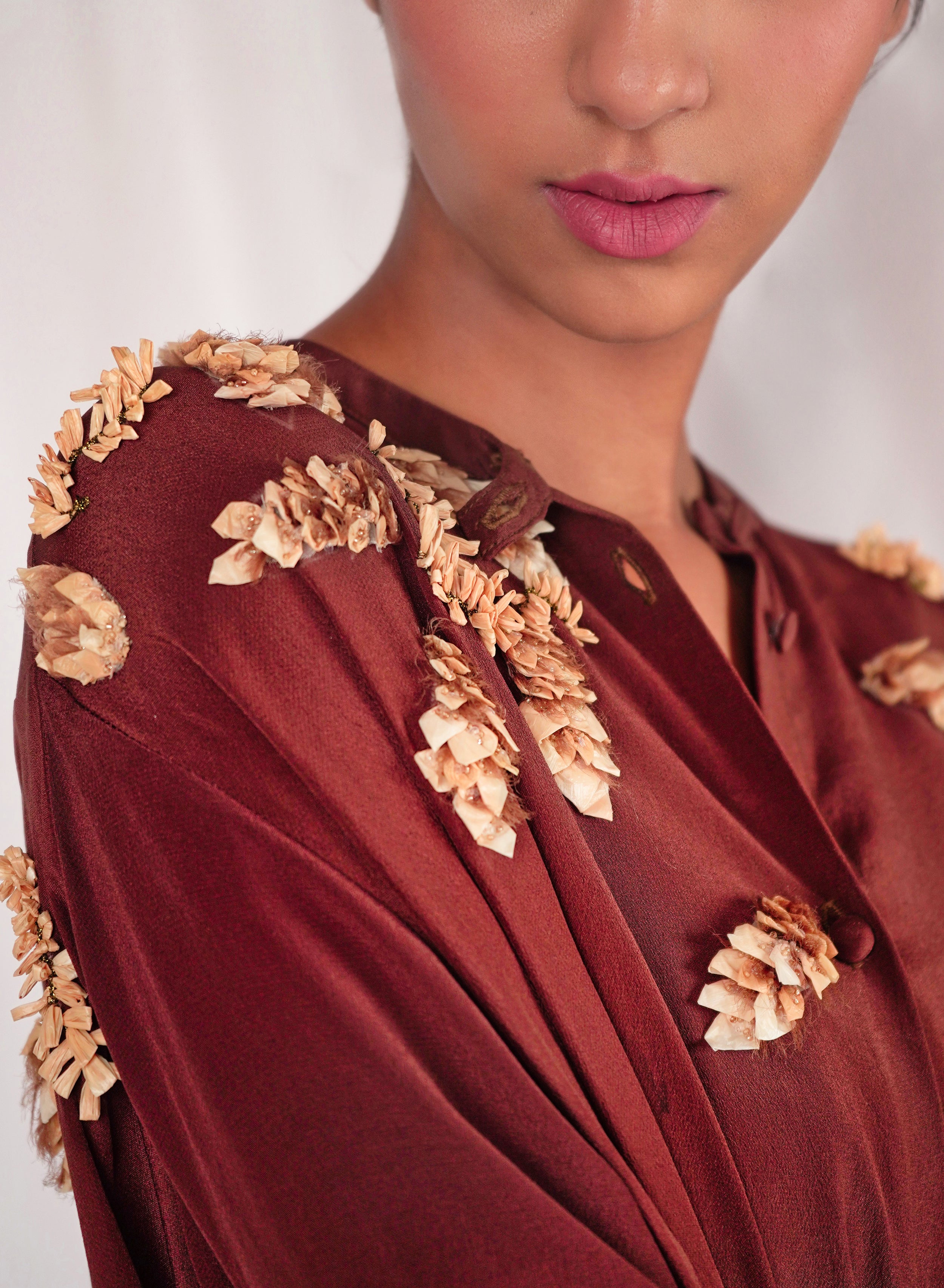 Brown flowy shirt dress with embroidery highlights