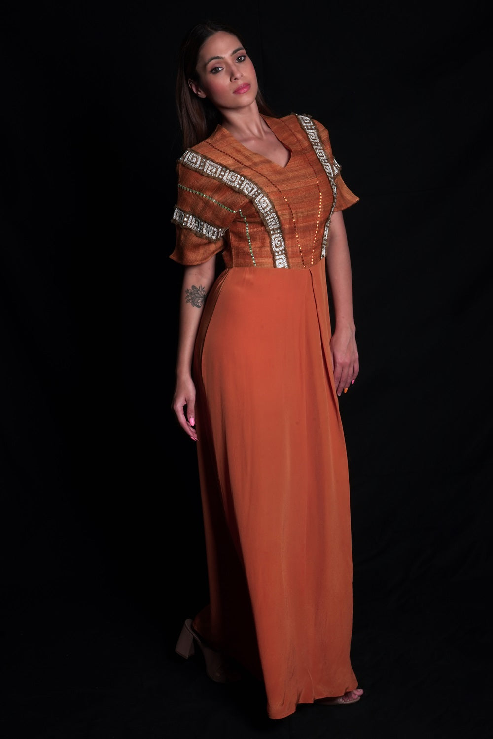 Sundial Long Dress With Geometric Embroidery