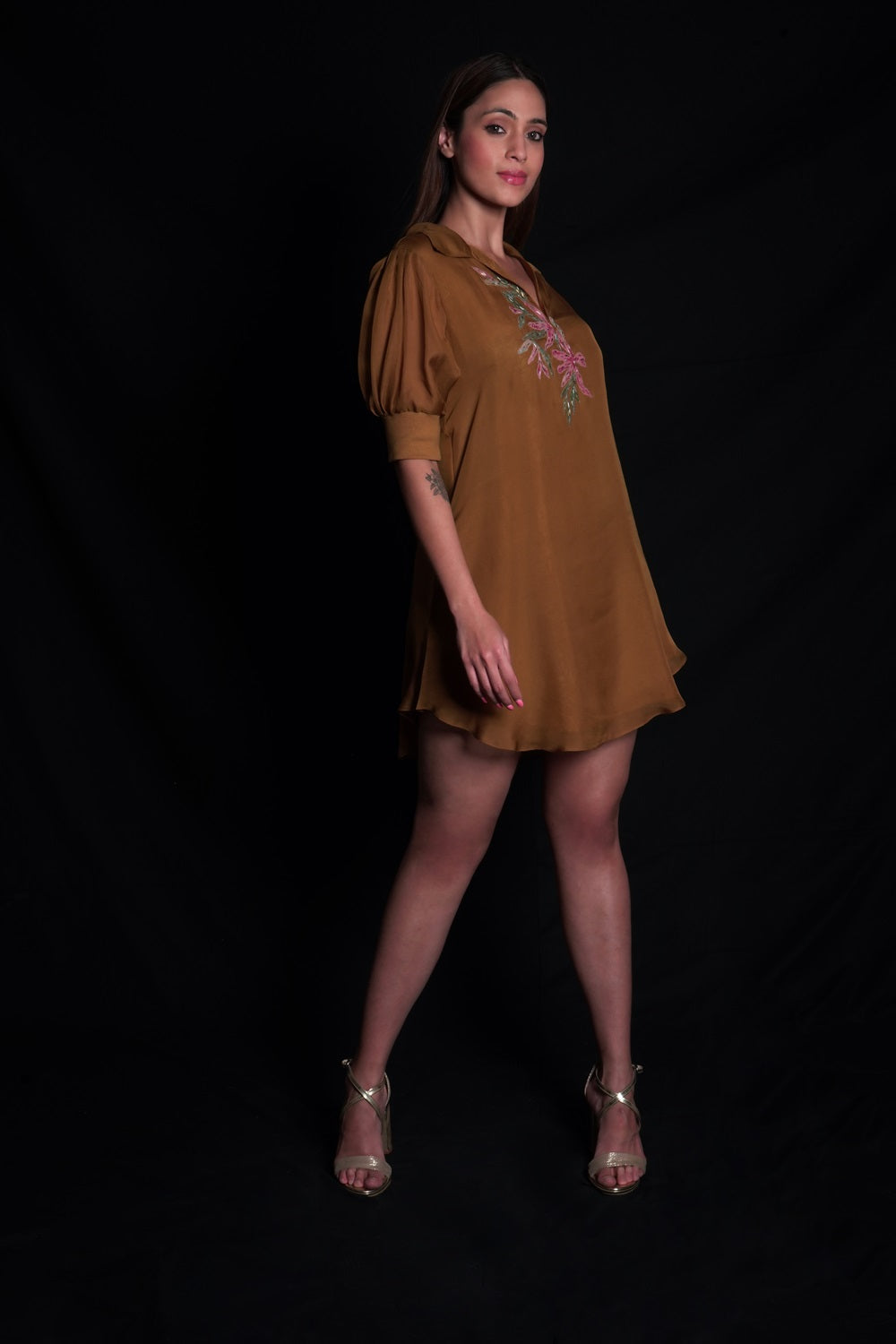 Golden Brown Collared Dress With Embroidery