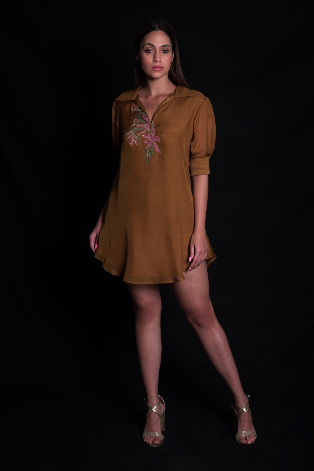 Golden Brown Collared Dress With Embroidery