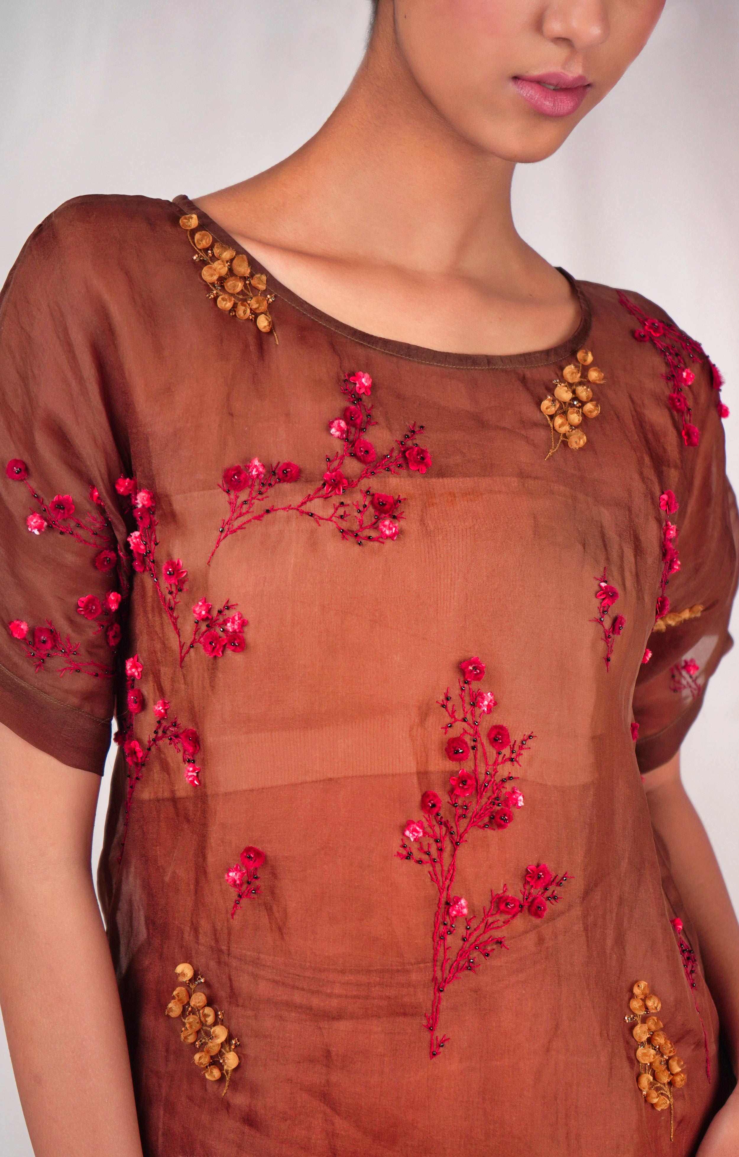 Brown organza floral embroidery details