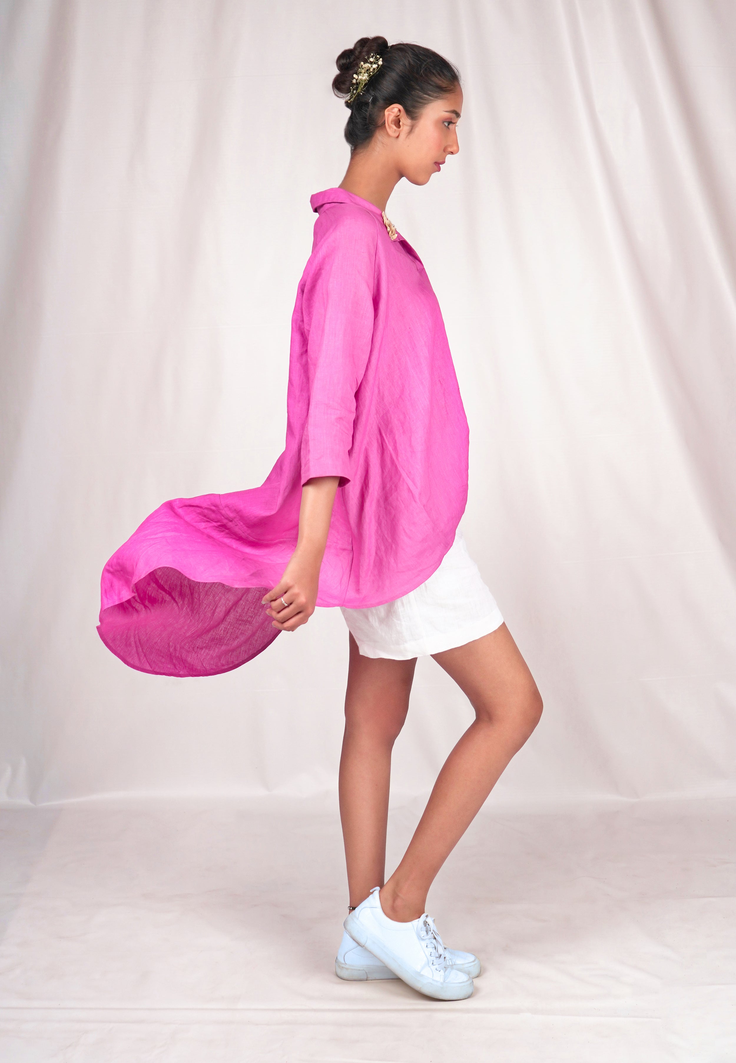 Pink asymmetrical overshirt with embroidery details