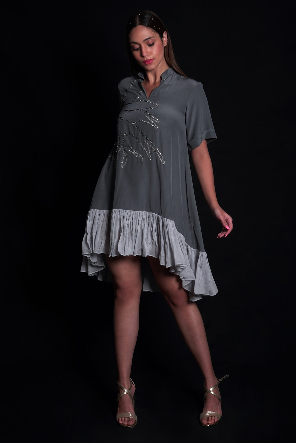 Titanium Dress With Printed Ruffles