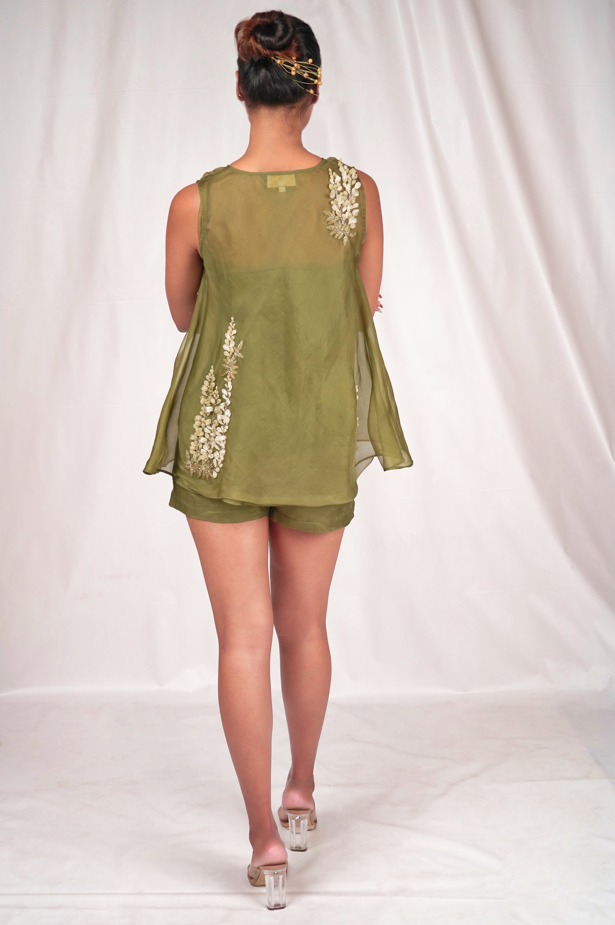 Green aloe organza overshirt with embroidery details