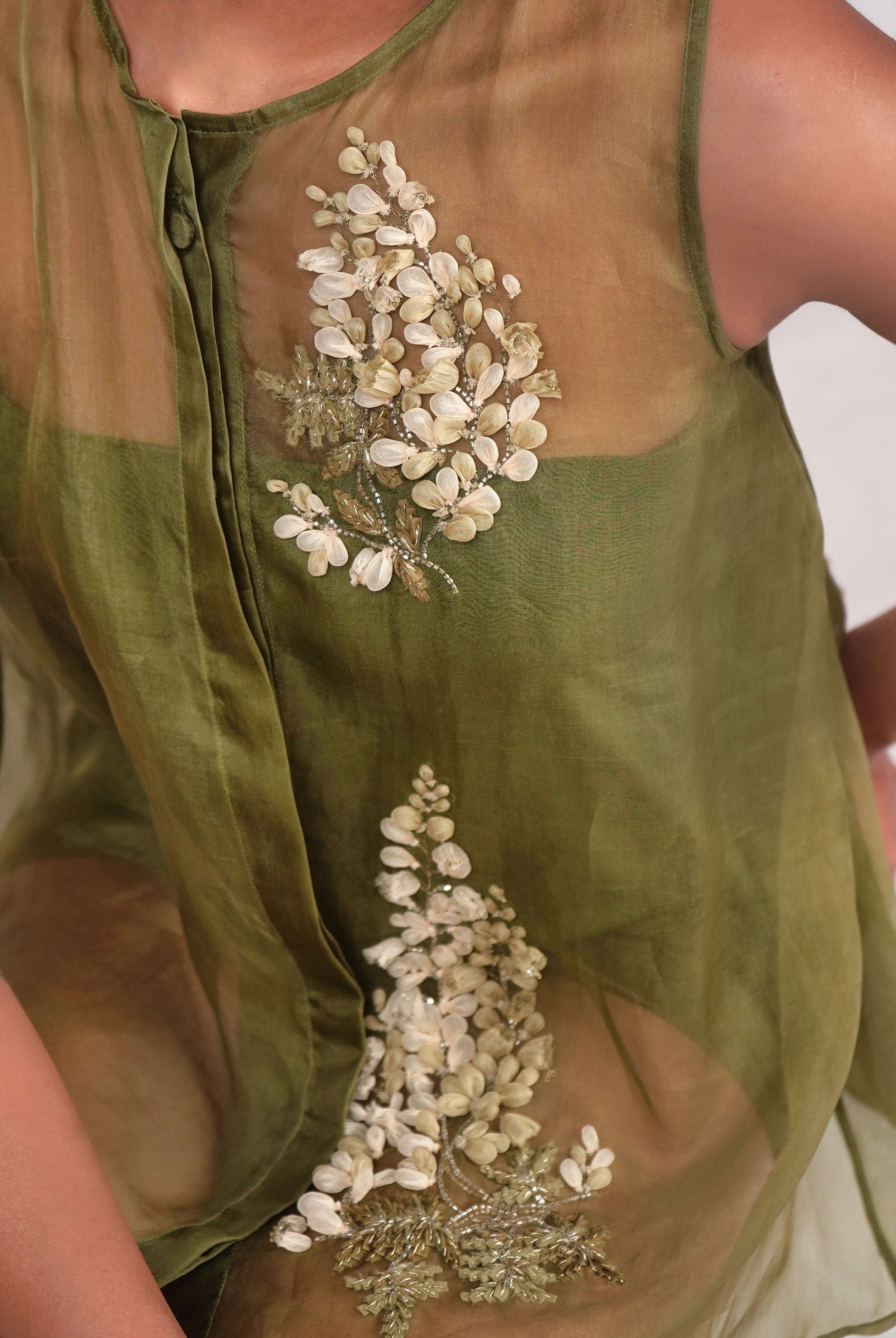 Green aloe organza overshirt with embroidery details