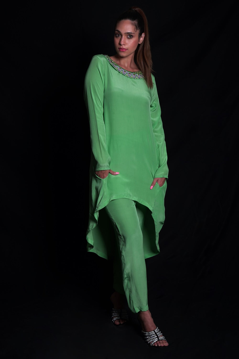 Absinthe Green Asymmetric Top With Embroidery